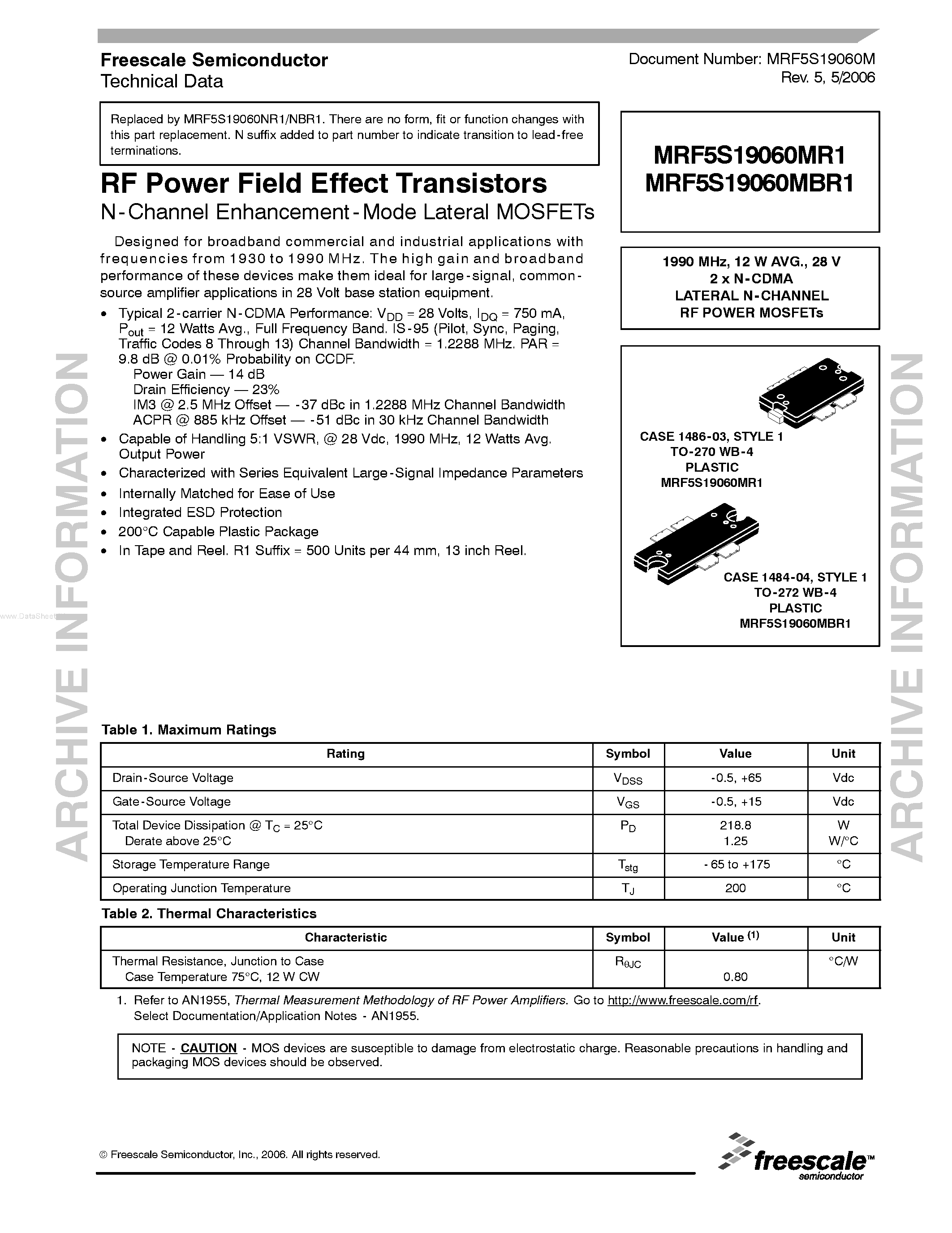 Datasheet MRF5S19060MBR1 page 1 Datasheet MRF5S19060MBR1 - RF Power Field Effect Transistors page 1