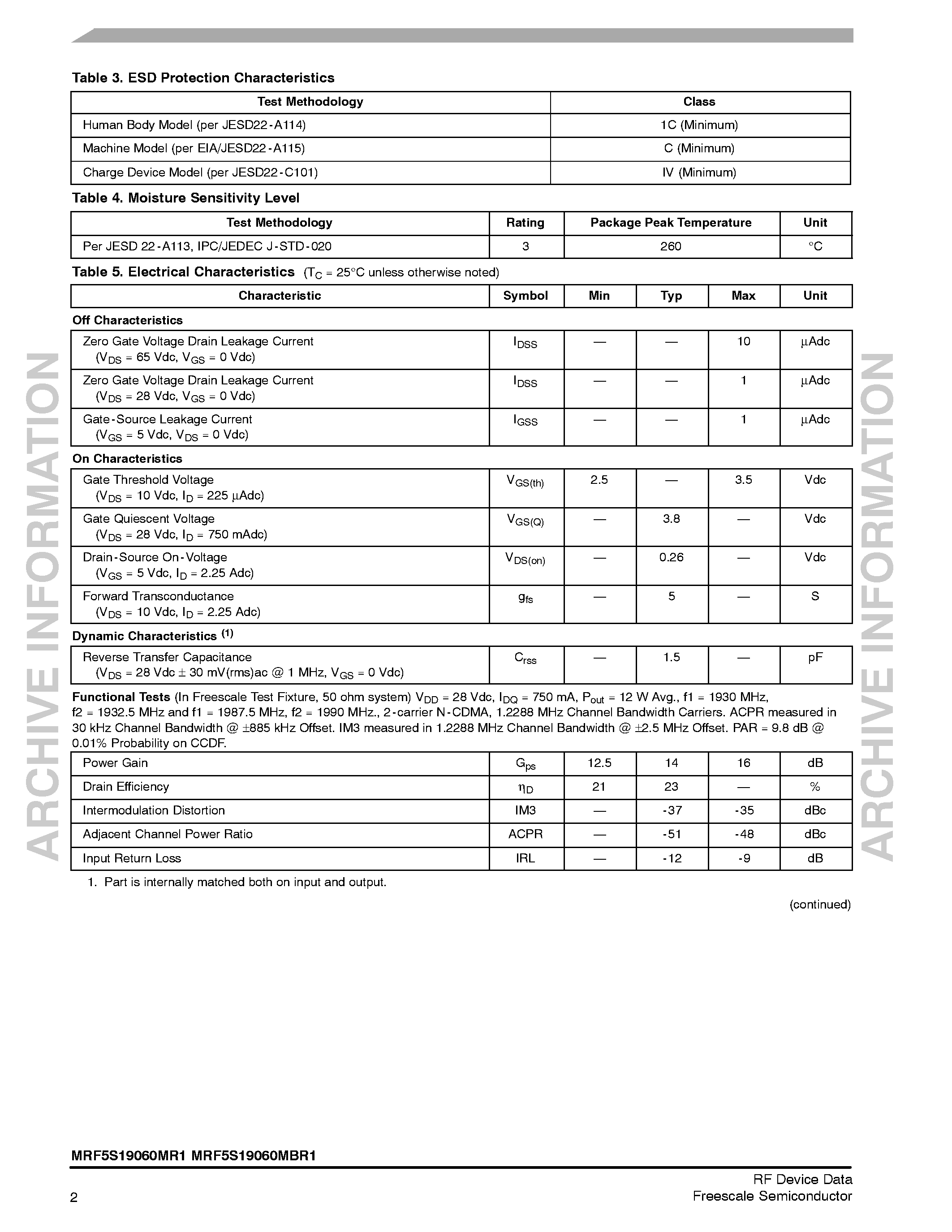 Datasheet MRF5S19060MBR1 page 2 Datasheet MRF5S19060MBR1 - RF Power Field Effect Transistors page 2