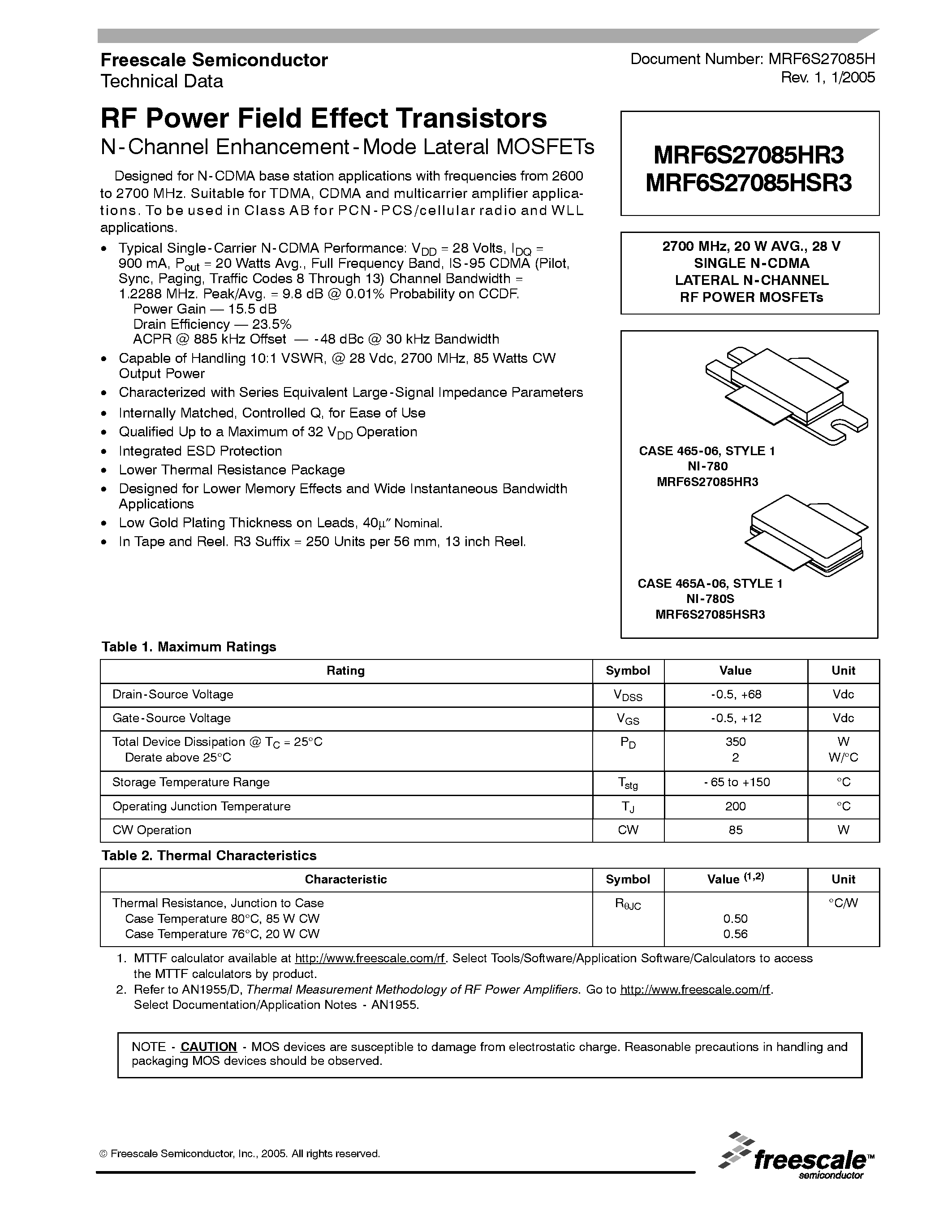 Datasheet MRF6S27085HR3 - N-Channel Enhancement-Mode Lateral MOSFETs page 1