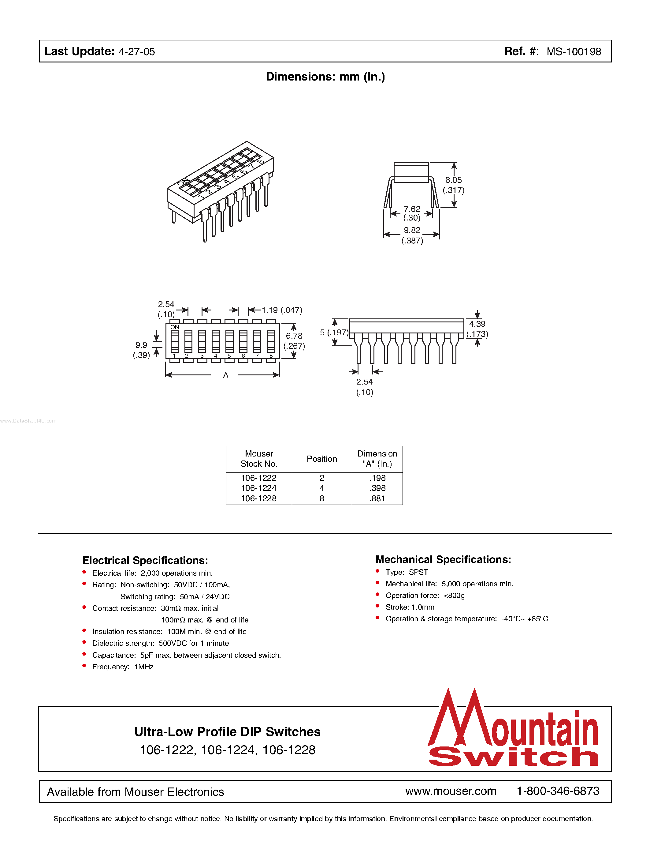 Даташит на микросхему MS-100198 страница 1 Даташит MS-100198 - Ultra-Low Profile DIP Switches страница 1