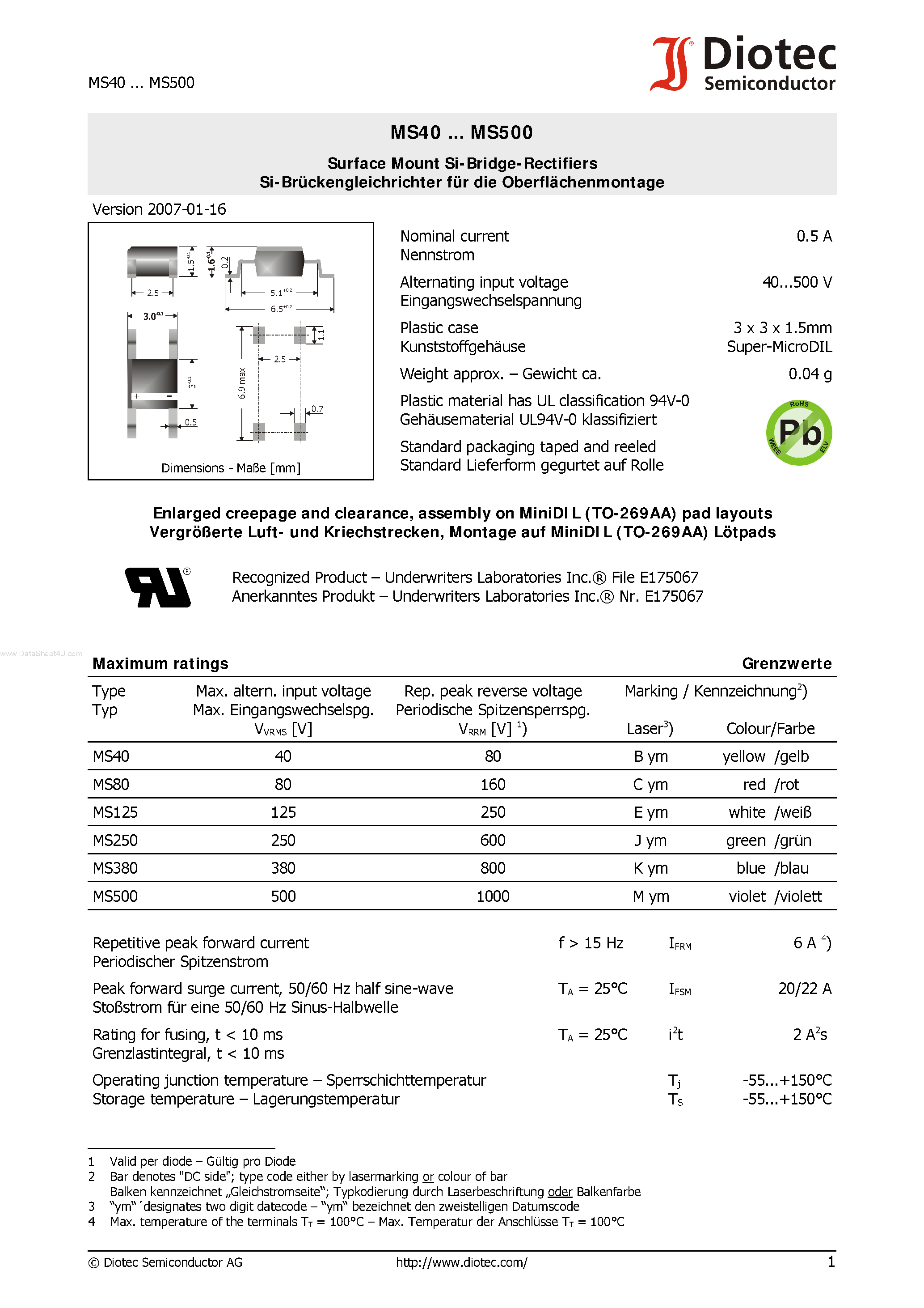 Datasheet MS40 page 1 Datasheet MS40 - Surface Mount Si-Bridge-Rectifiers page 1