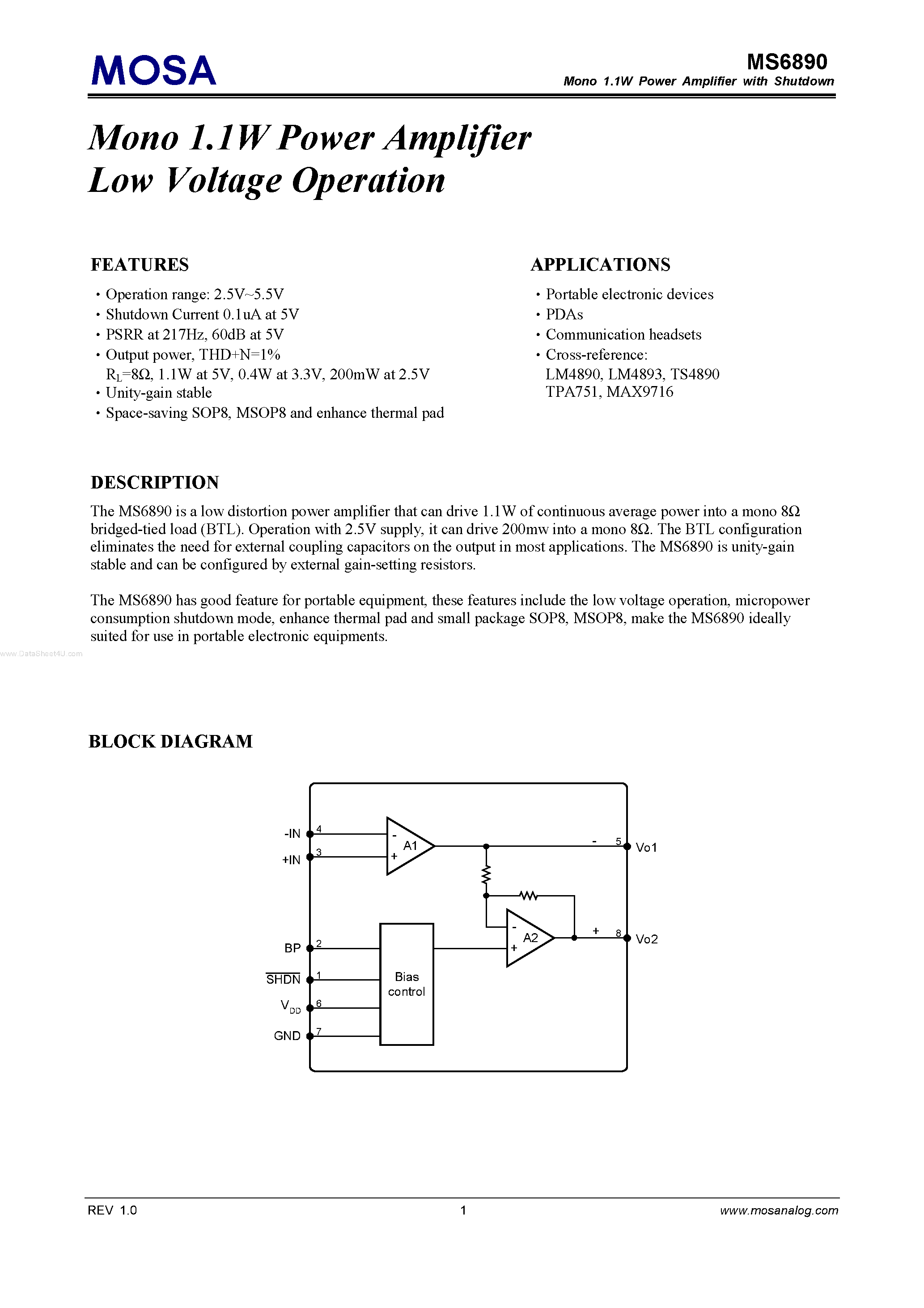 Datasheet MS6890 - Mono 1.1W Power Amplifier Low Voltage Operation page 1