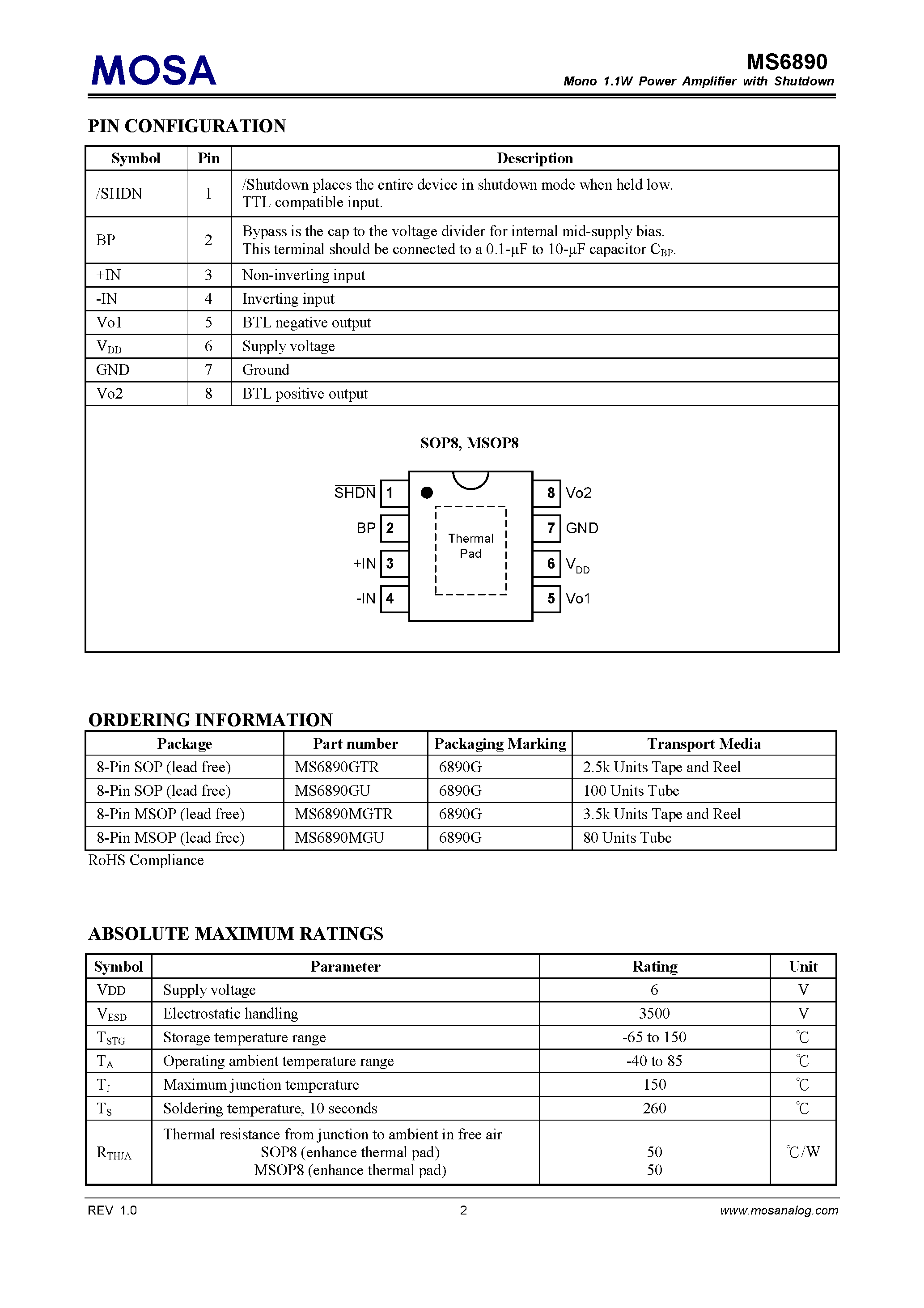 Datasheet MS6890 - Mono 1.1W Power Amplifier Low Voltage Operation page 2