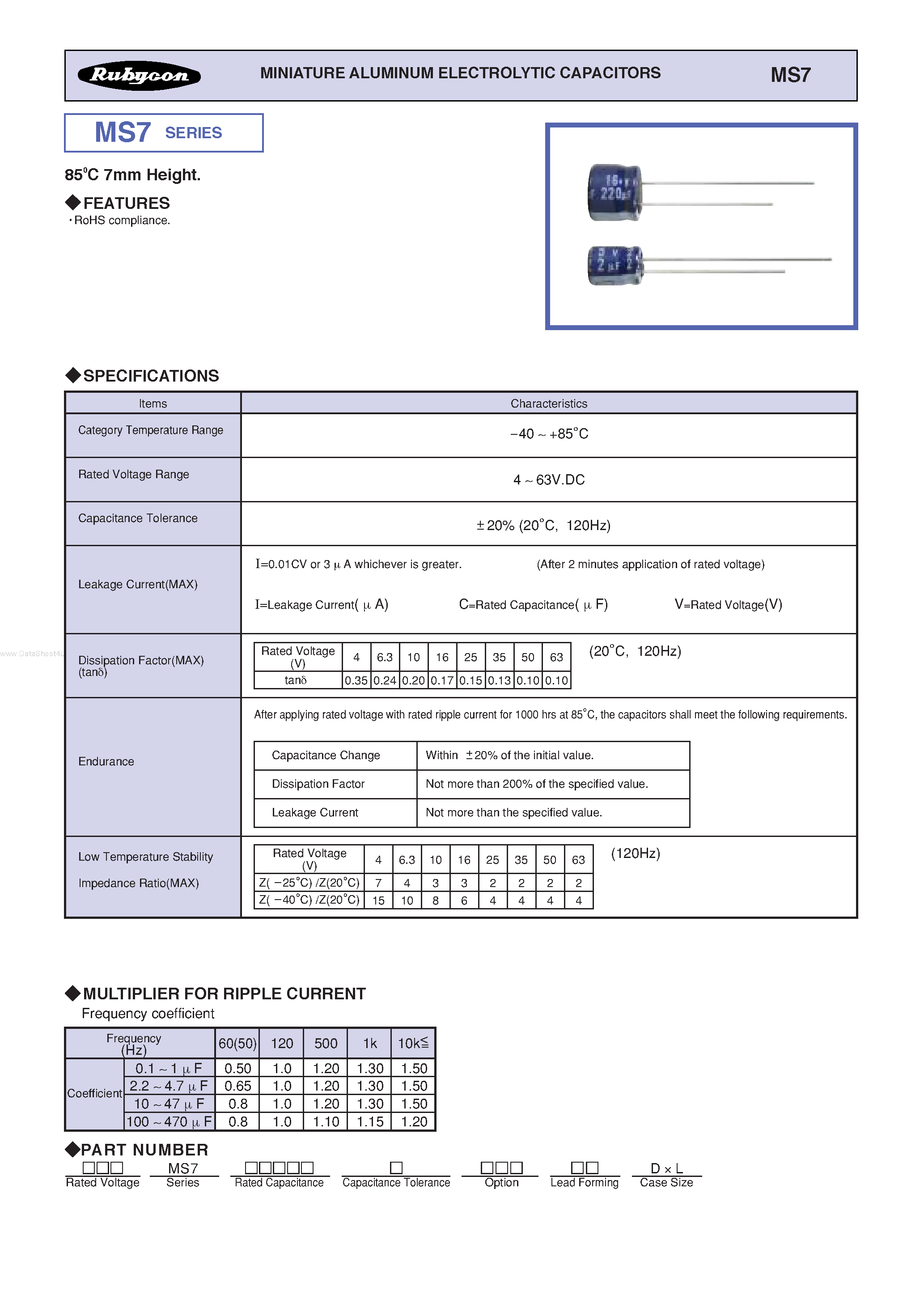 Datasheet MS7 - MINIATURE ALUMINUM ELECTROLYTIC CAPACITORS page 1