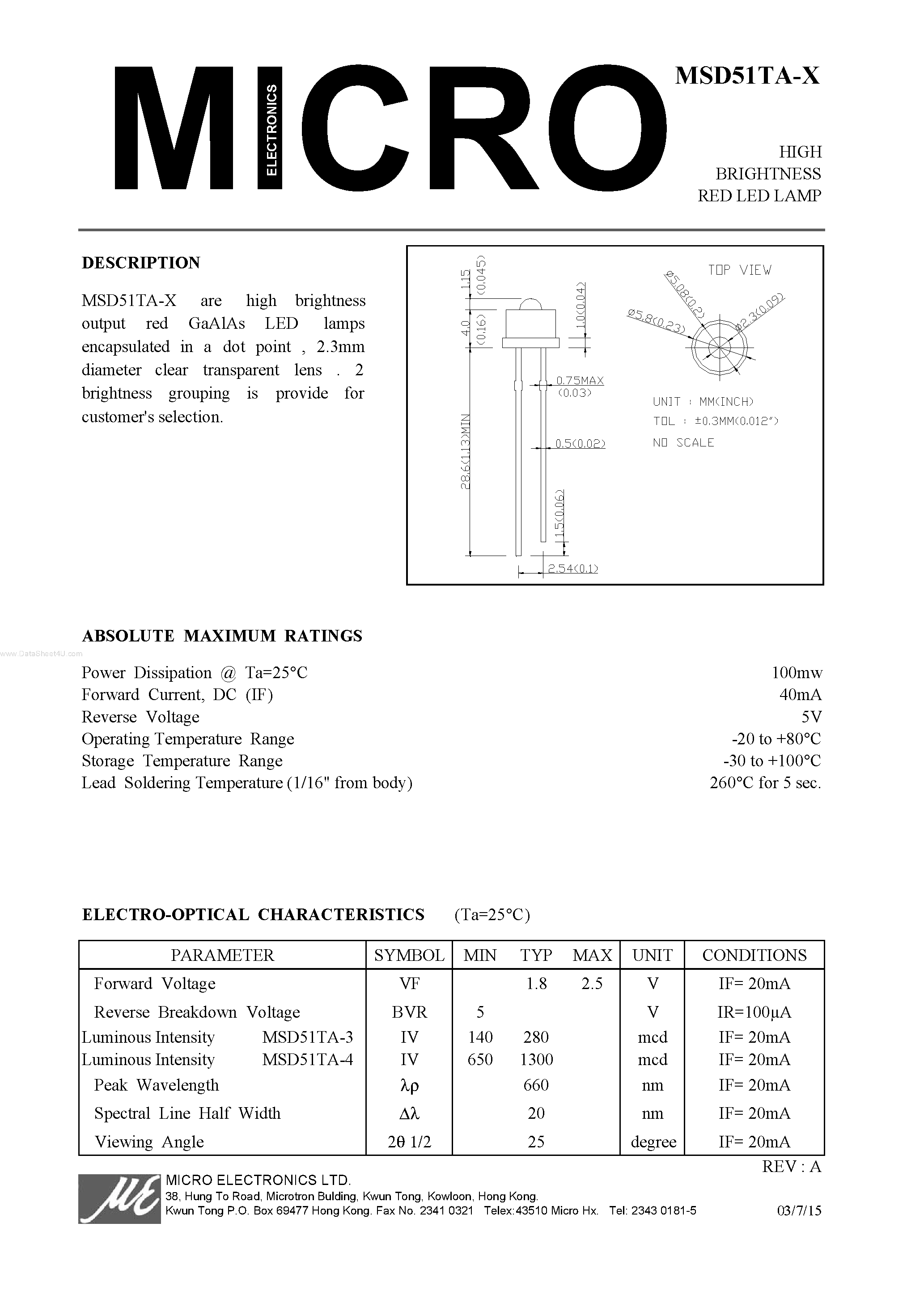 Datasheet MSD51TA-X page 1 Datasheet MSD51TA-X - HIGH BRIGHTNESS RED LED LAMP page 1
