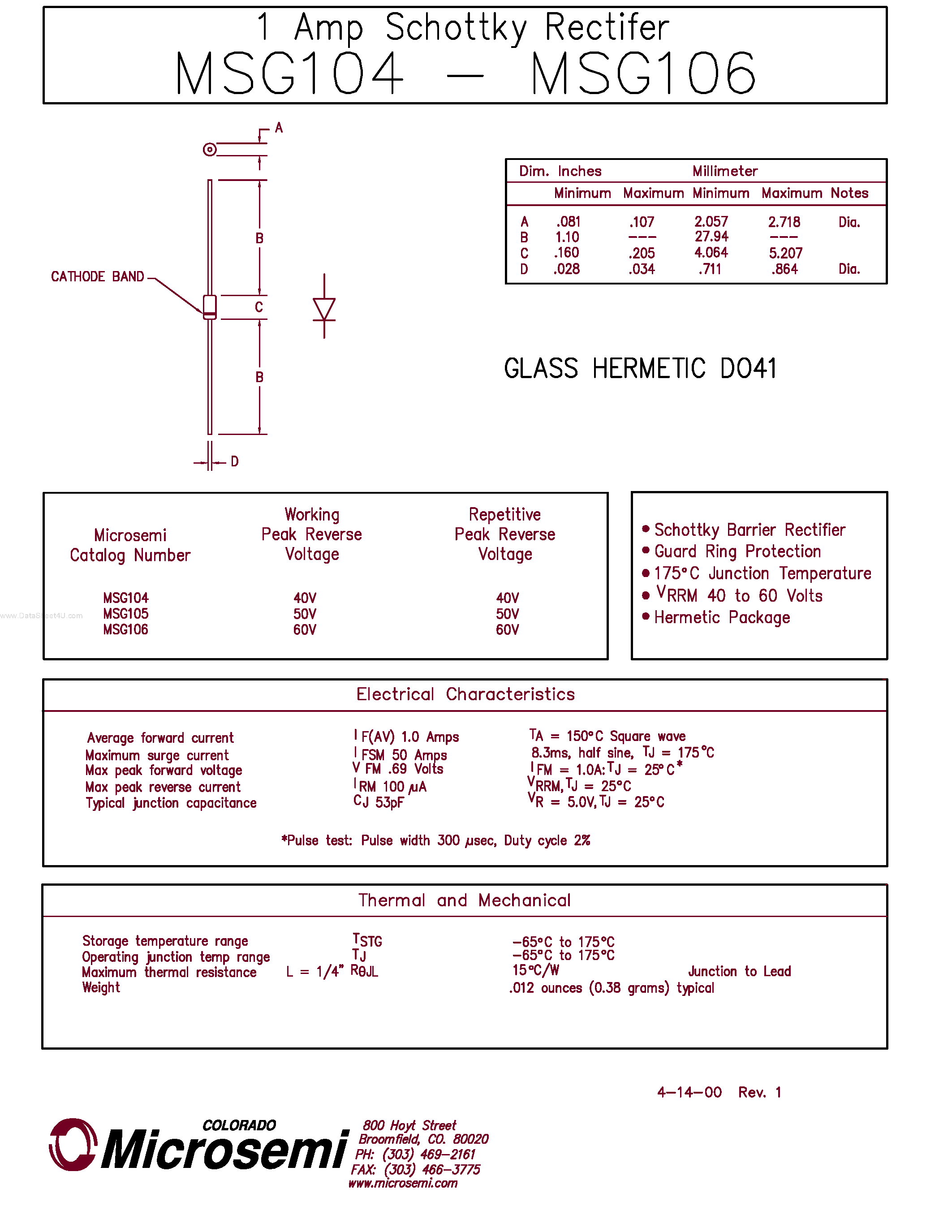Datasheet MSG104 - (MSG104 - MSG106) 1 Amp Schottky Rectifier page 1