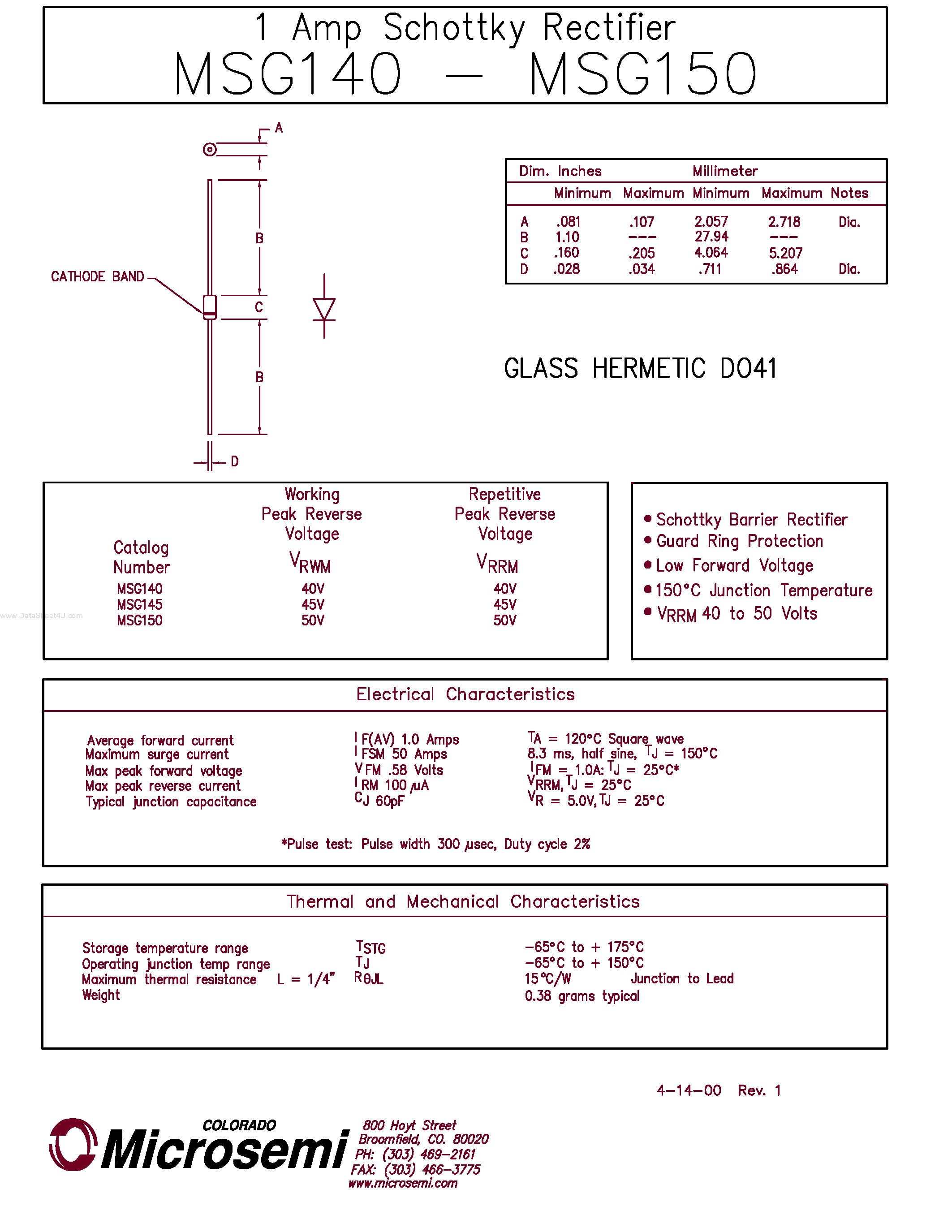 Datasheet MSG140 - (MSG140 - MSG150) 1 Amp Schottky Rectifier page 1