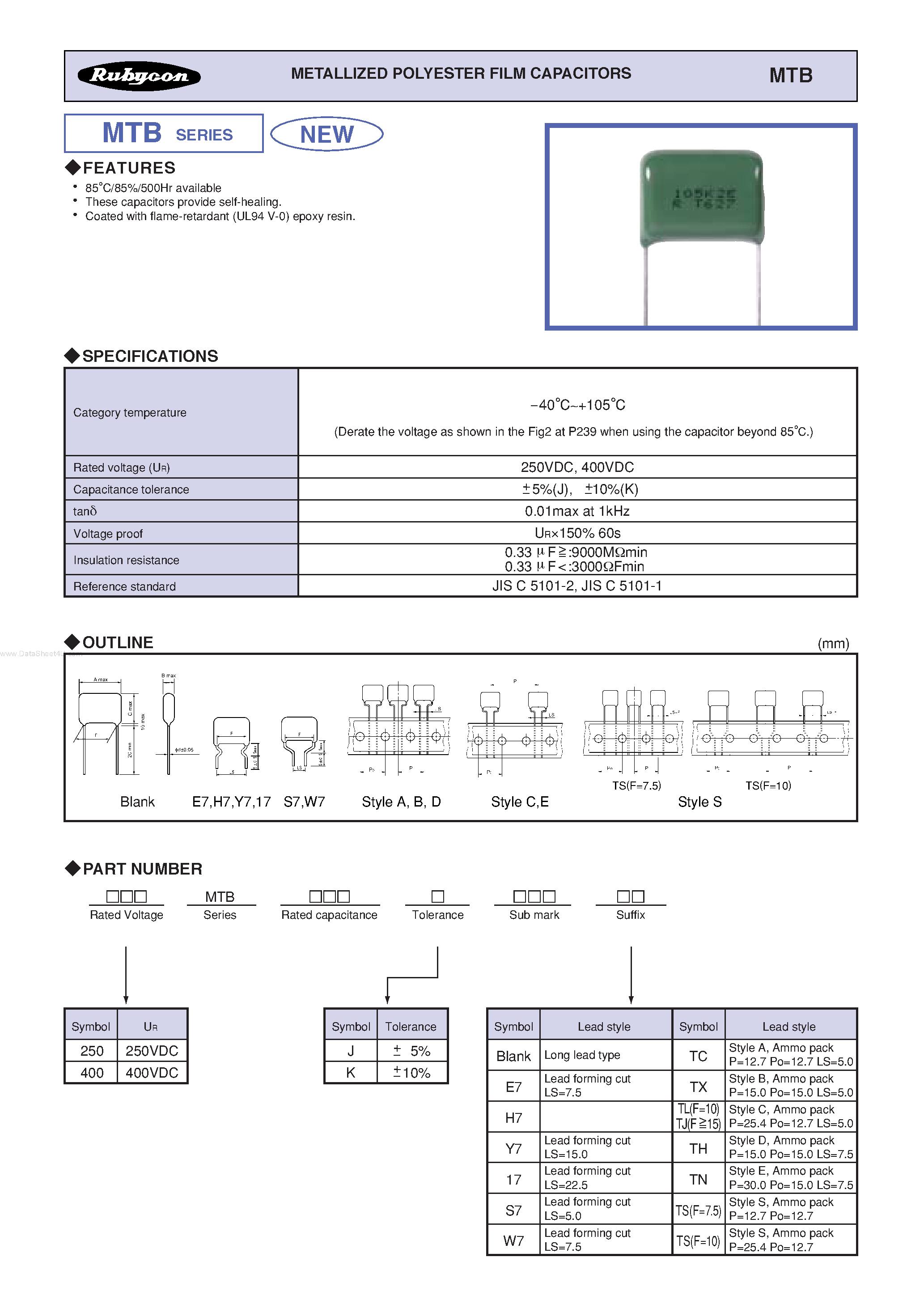 Даташит на микросхему MTB страница 1 Даташит MTB - METALLIZED POLYESTER FILM CAPACITORS страница 1