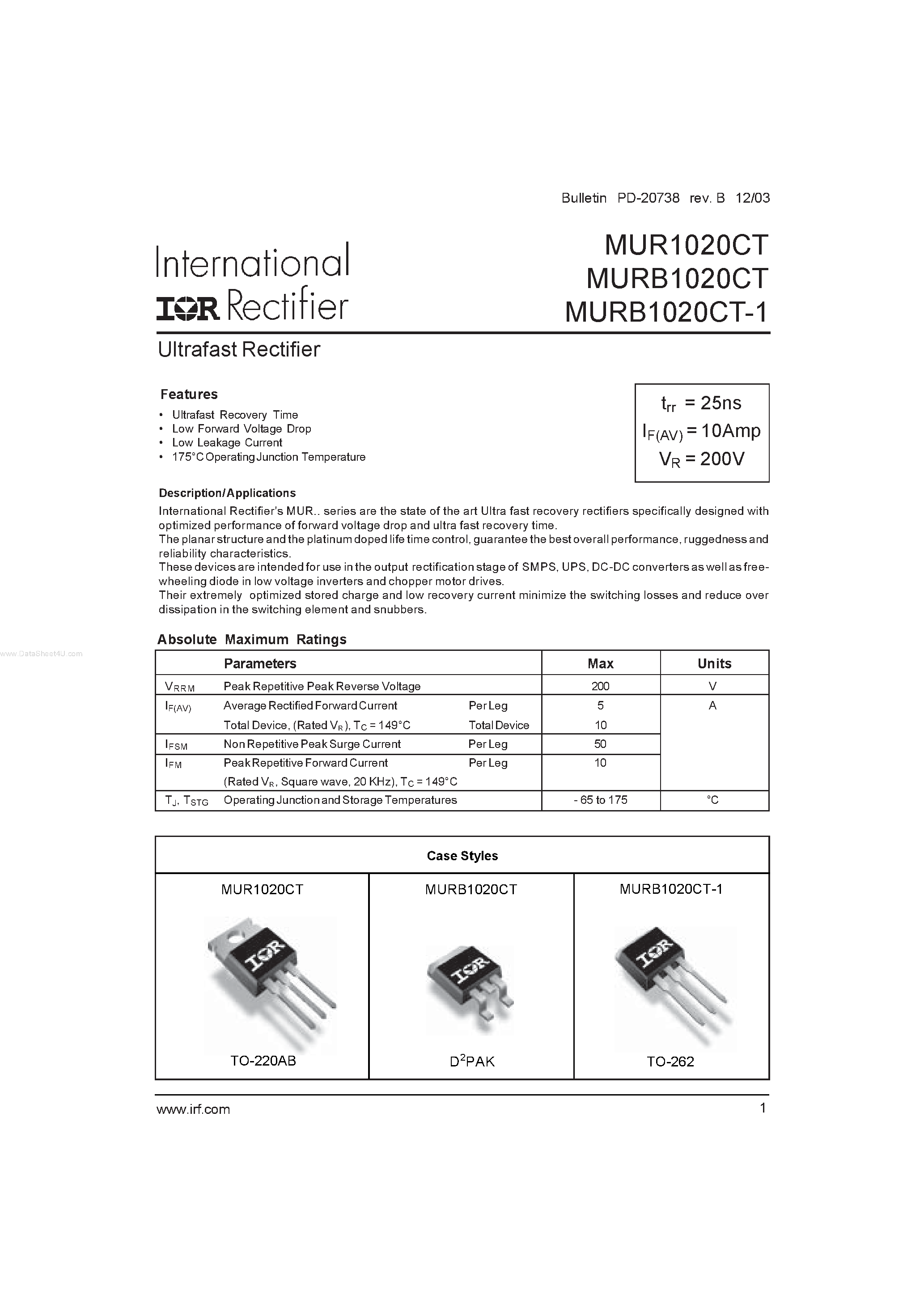 Datasheet MURB1020CT-1 - Ultrafast Rectifier page 1
