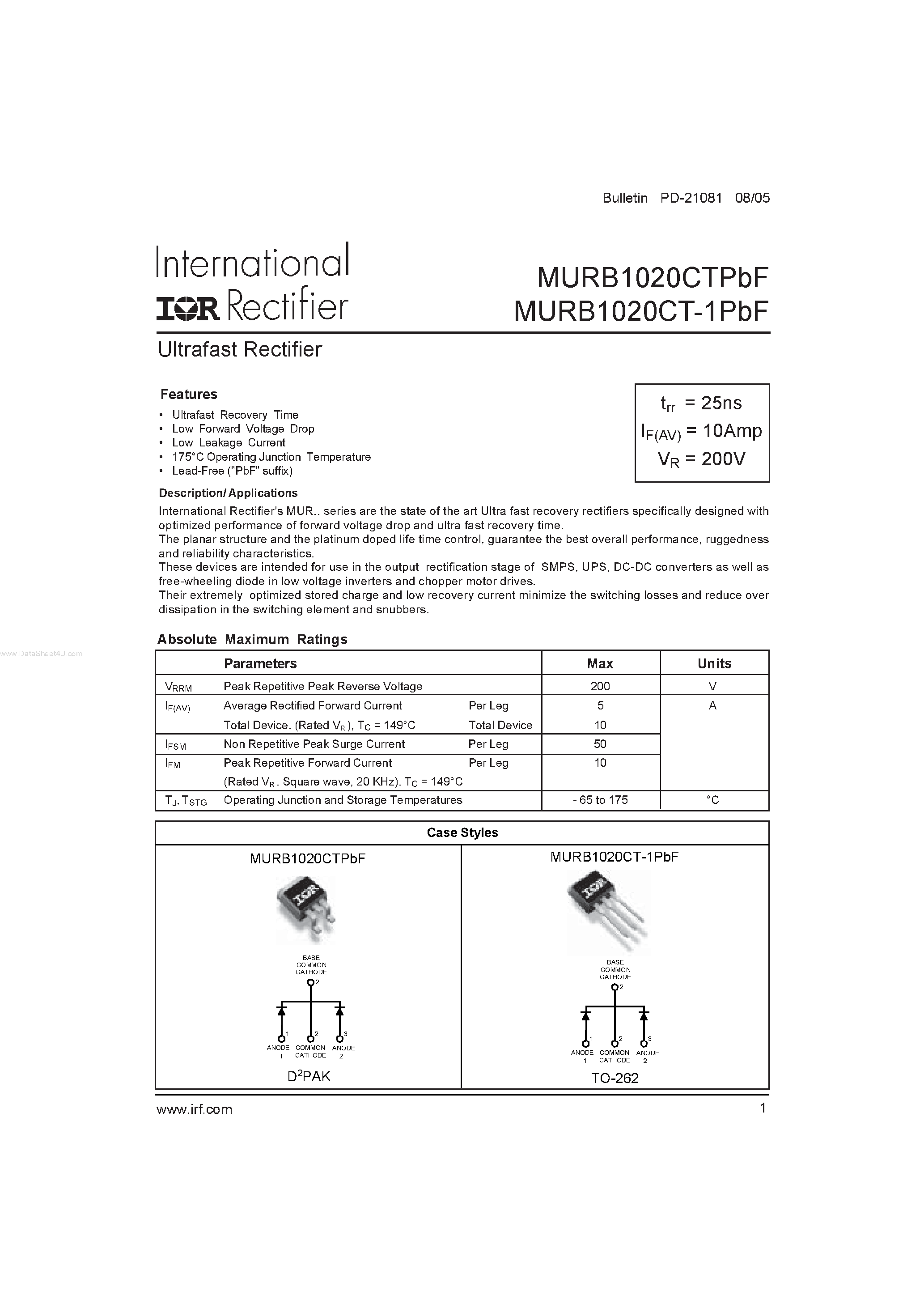 Datasheet MURB1020CT-1PbF - Ultrafast Rectifier page 1