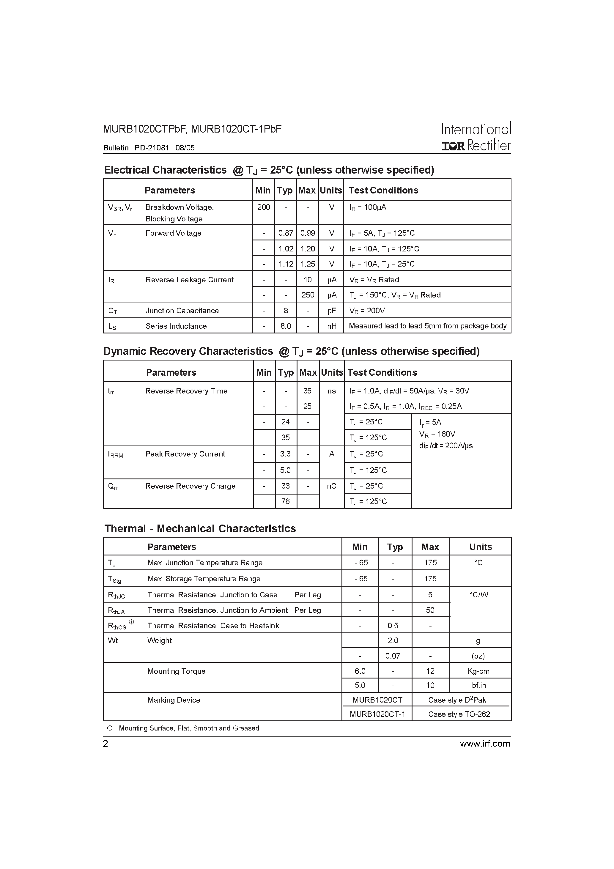 Datasheet MURB1020CT-1PbF - Ultrafast Rectifier page 2
