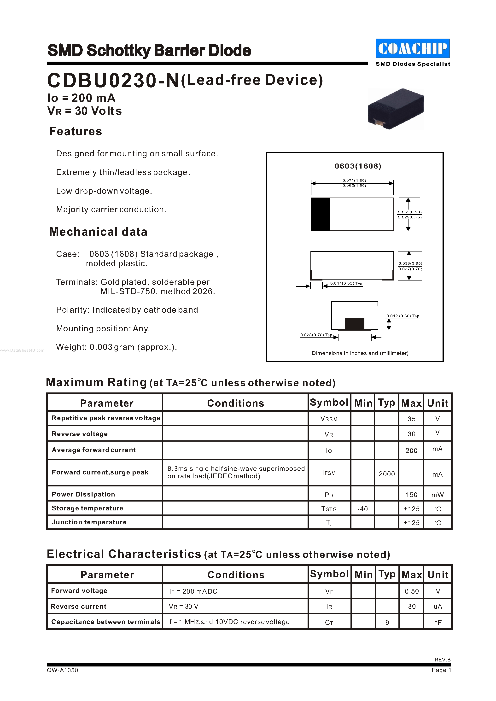 Даташит CDBU0230-N - SMD Schottky Barrier Diode страница 1