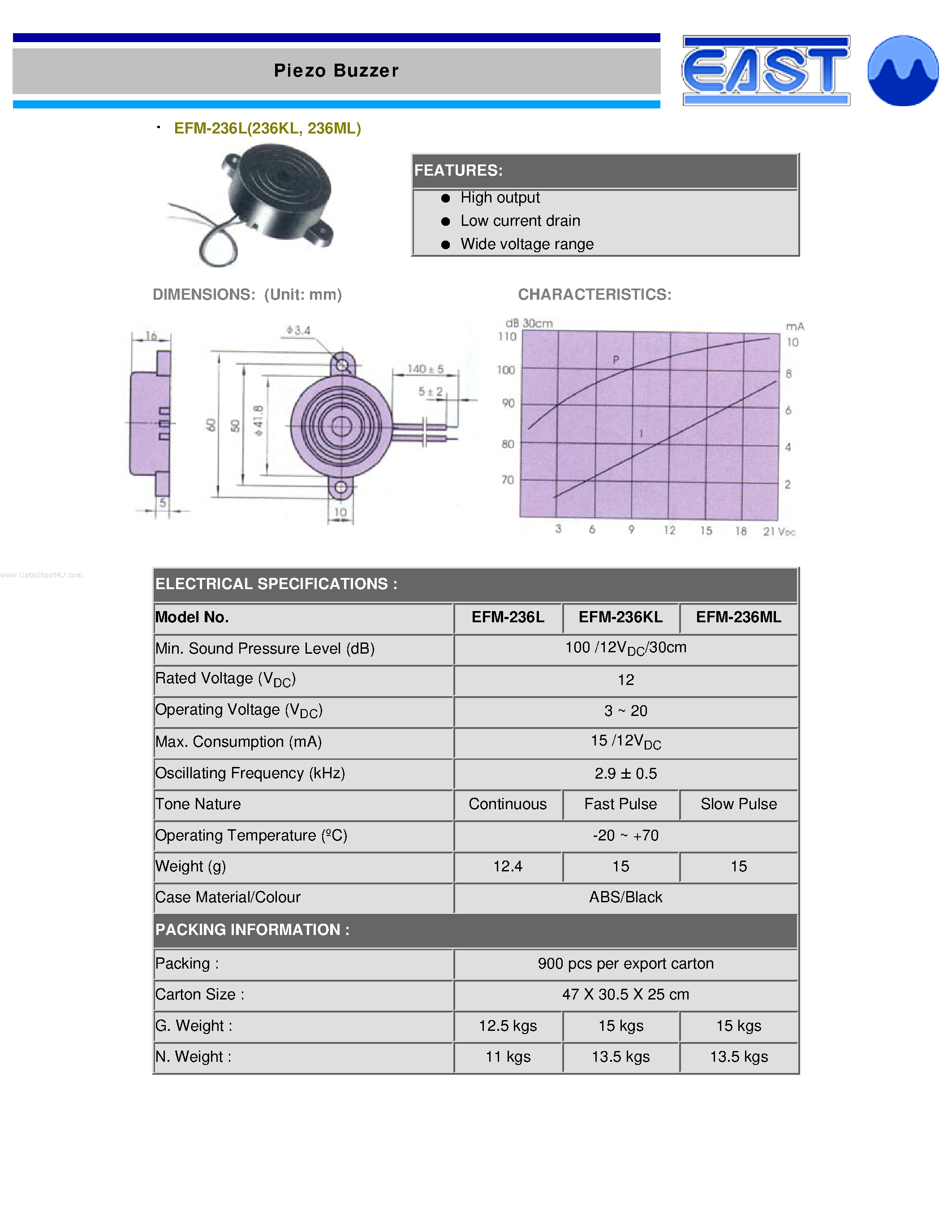 Datasheet EFM-236KL page 1 Datasheet EFM-236KL - Piezo Buzzer page 1