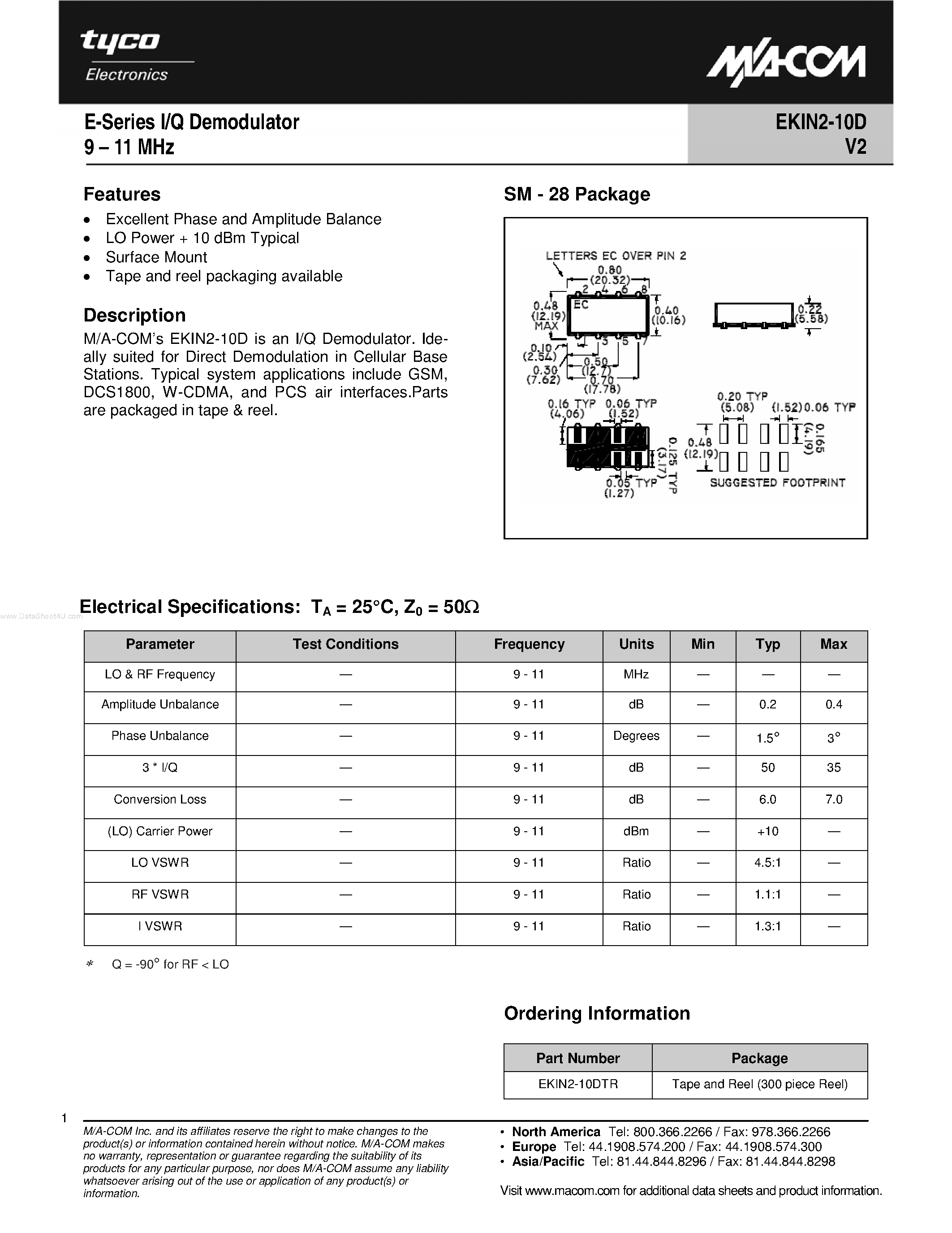 Даташит на микросхему EKIN2-10D страница 1 Даташит EKIN2-10D - E-Series I/Q Demodulator страница 1