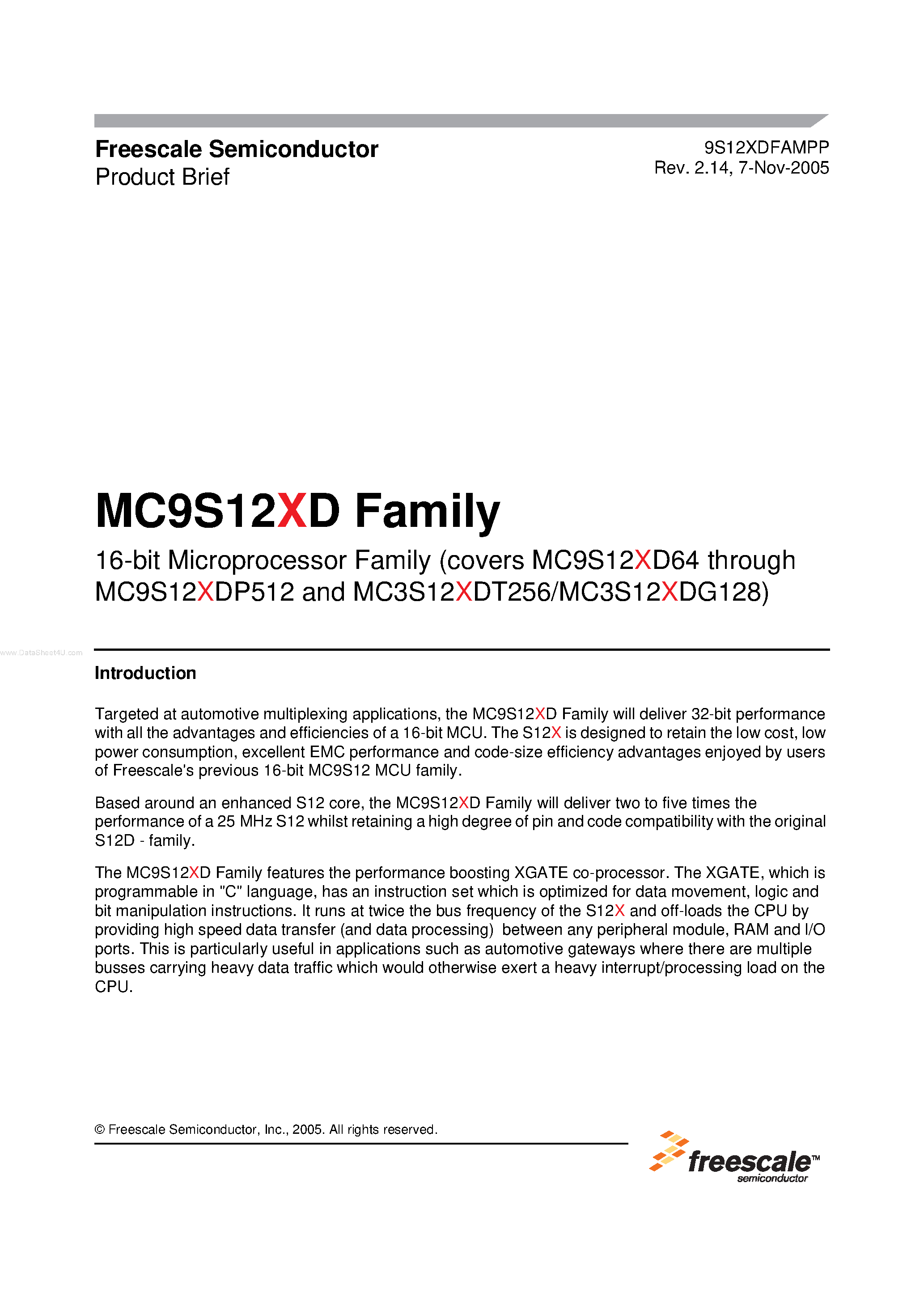 Datasheet MC3S12XD page 1 Datasheet MC3S12XD - 16-BIT MICROPROCESSOR FAMILY page 1