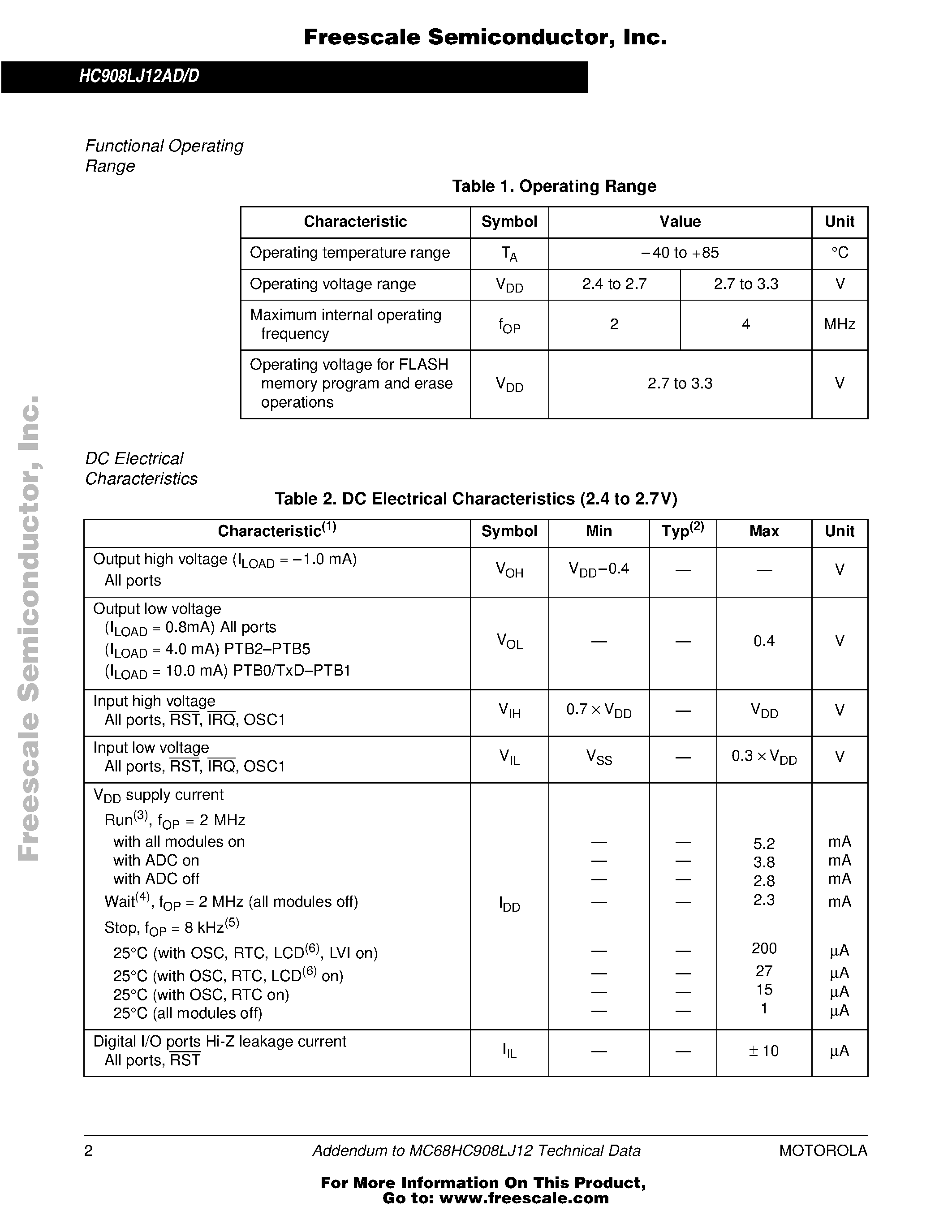 Datasheet MC68HLC908LJ12 - Addendum to MC68HC908LJ12 page 2