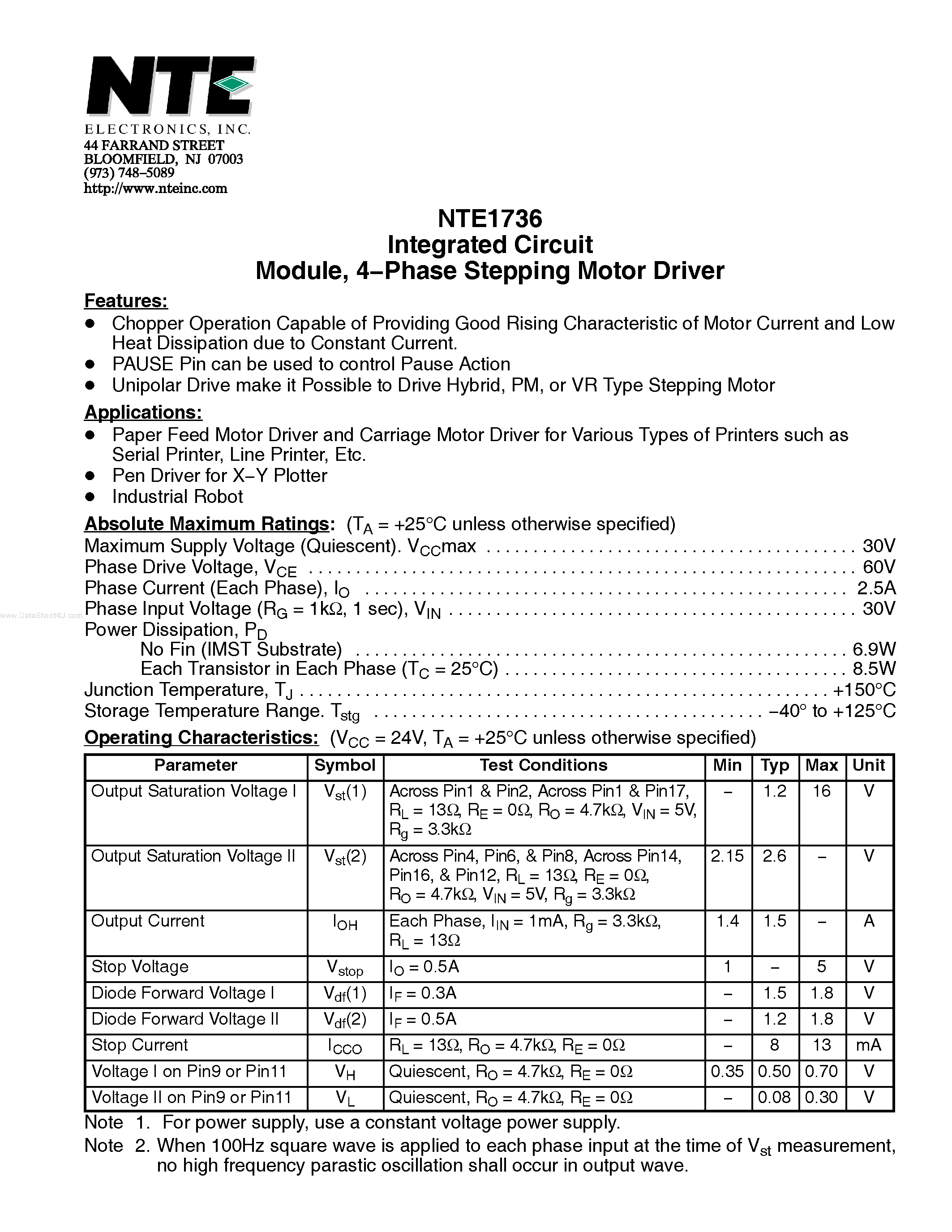 Datasheet NTE1736 - 4-Phase Stepping Motor Driver page 1