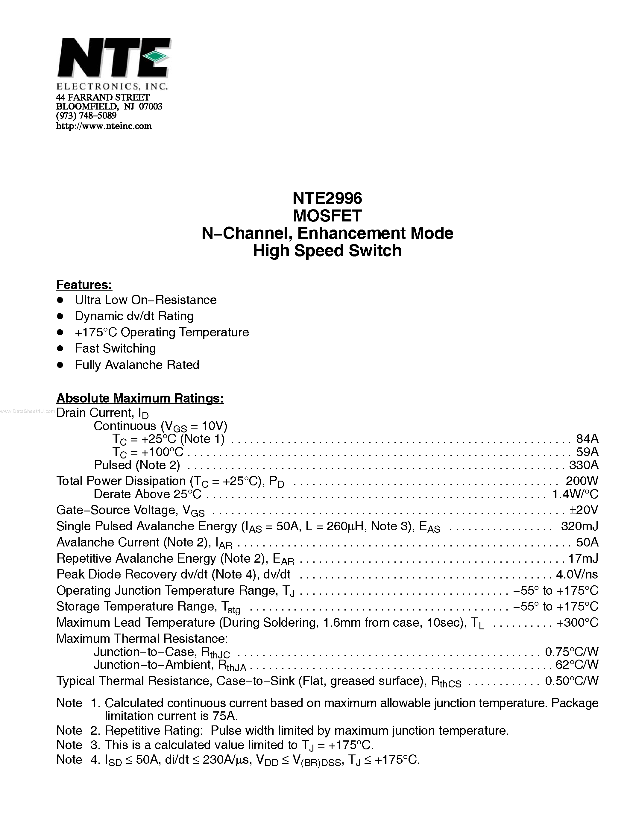 Datasheet NTE2996 page 1 Datasheet NTE2996 - Enhancement Mode High Speed Switch page 1