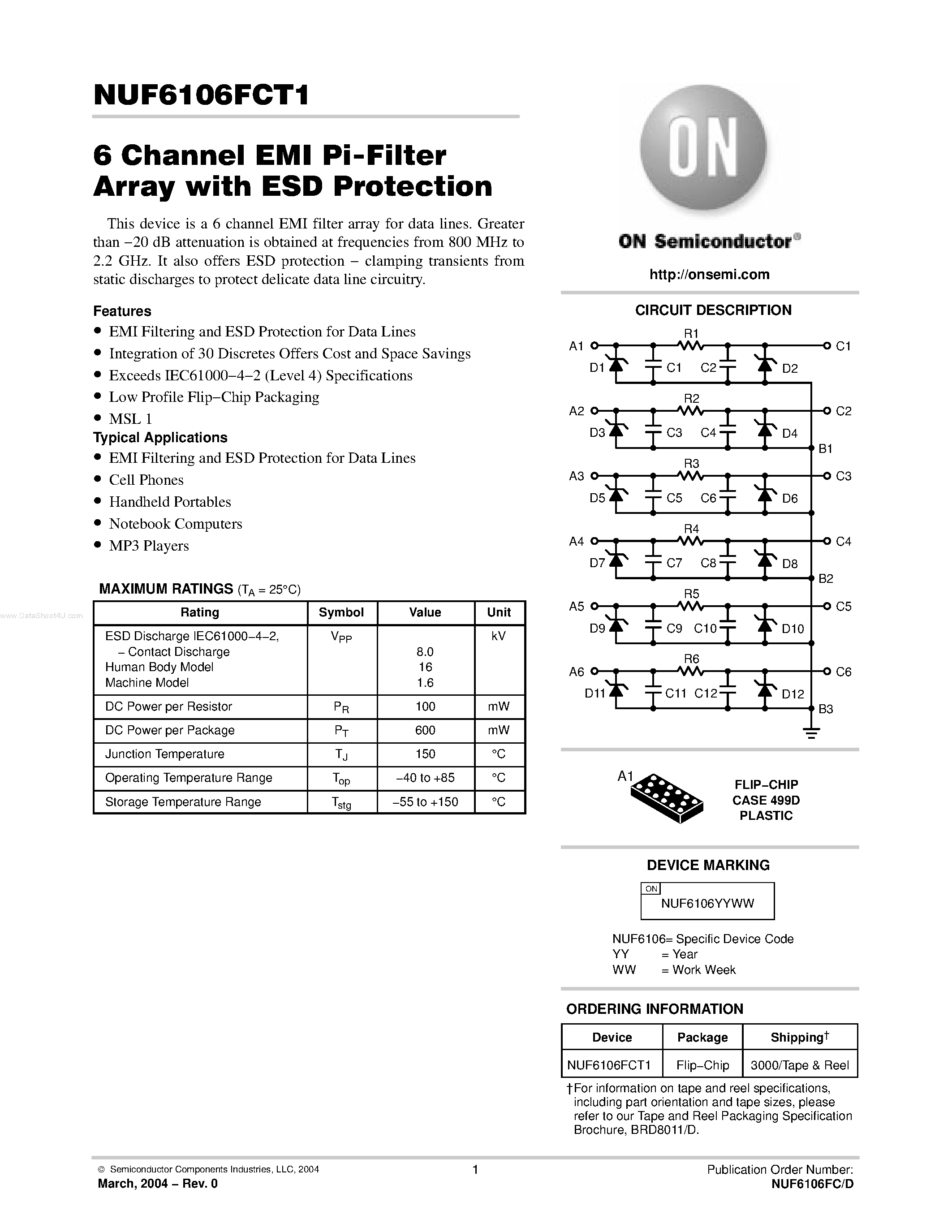 Datasheet NUF6106FCT1 - 6 Channel EMI Pi-Filter Array page 1