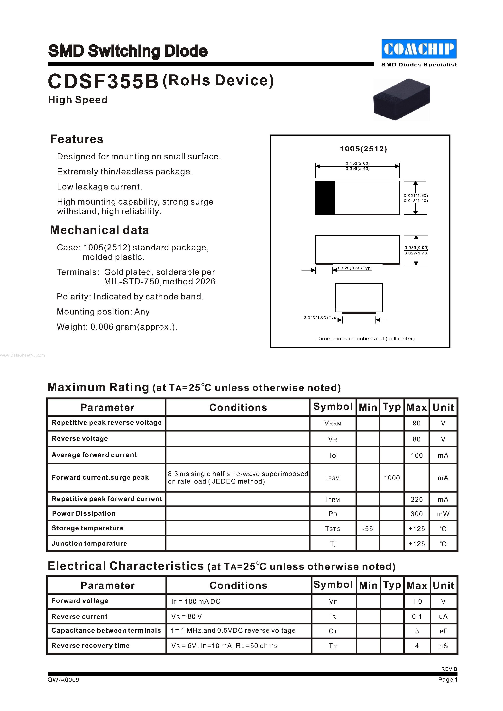 Даташит CDSF355B - SMD Switching Diode страница 1