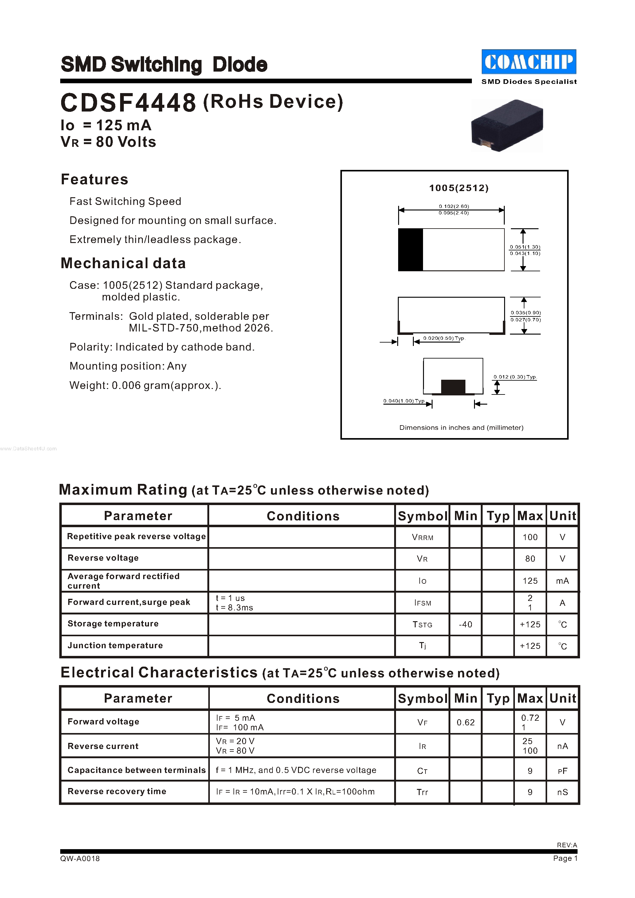 Даташит на микросхему CDSF4448 страница 1 Даташит CDSF4448 - SMD Switching Diode страница 1