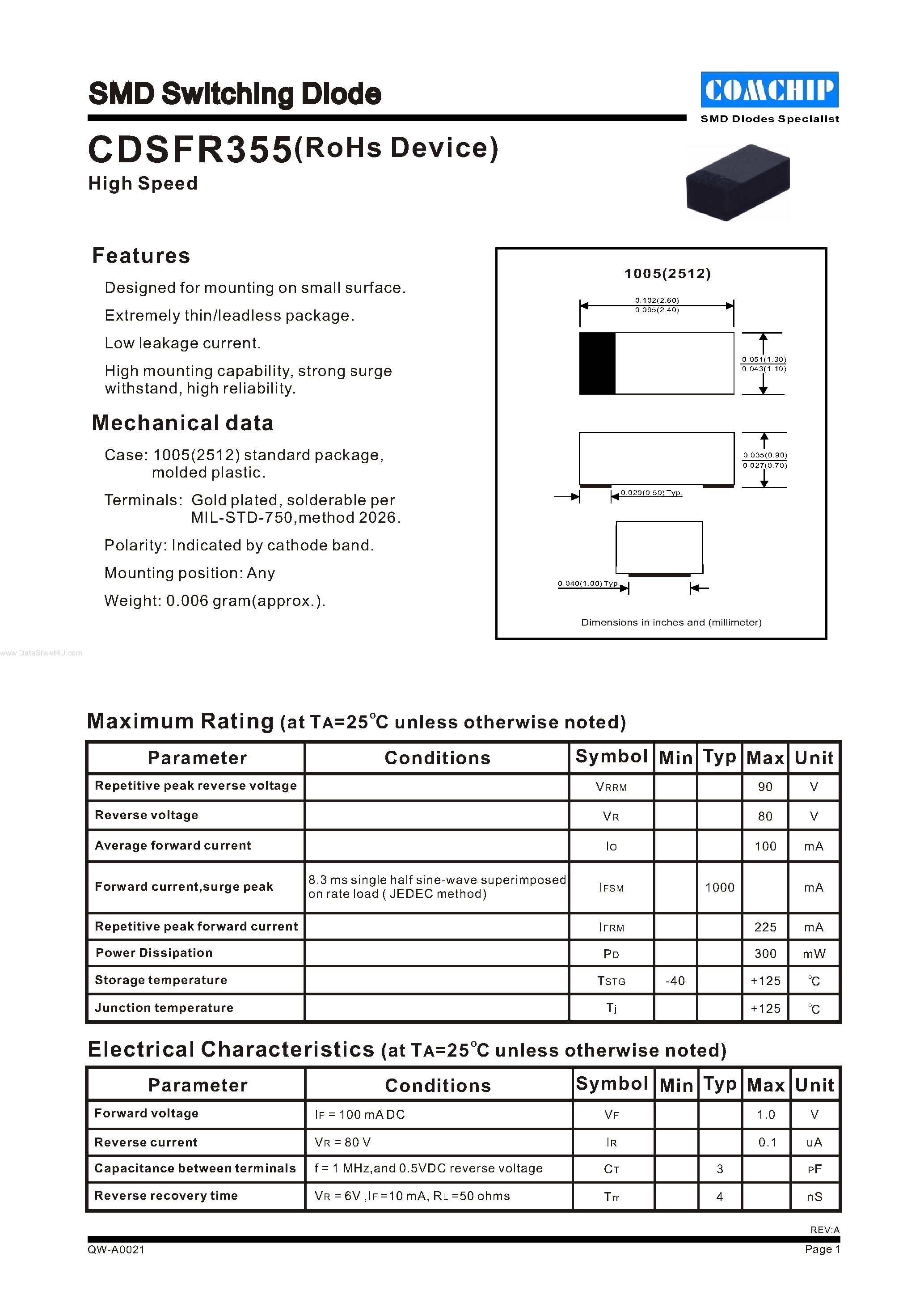 Даташит на микросхему CDSFR355 страница 1 Даташит CDSFR355 - SMD Switching Diode страница 1
