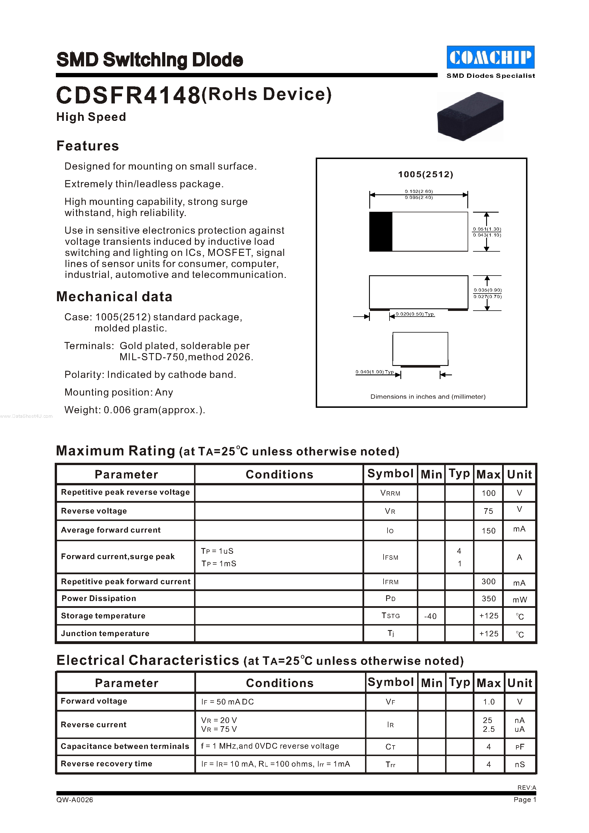 Даташит на микросхему CDSFR4148 страница 1 Даташит CDSFR4148 - SMD Switching Diode страница 1