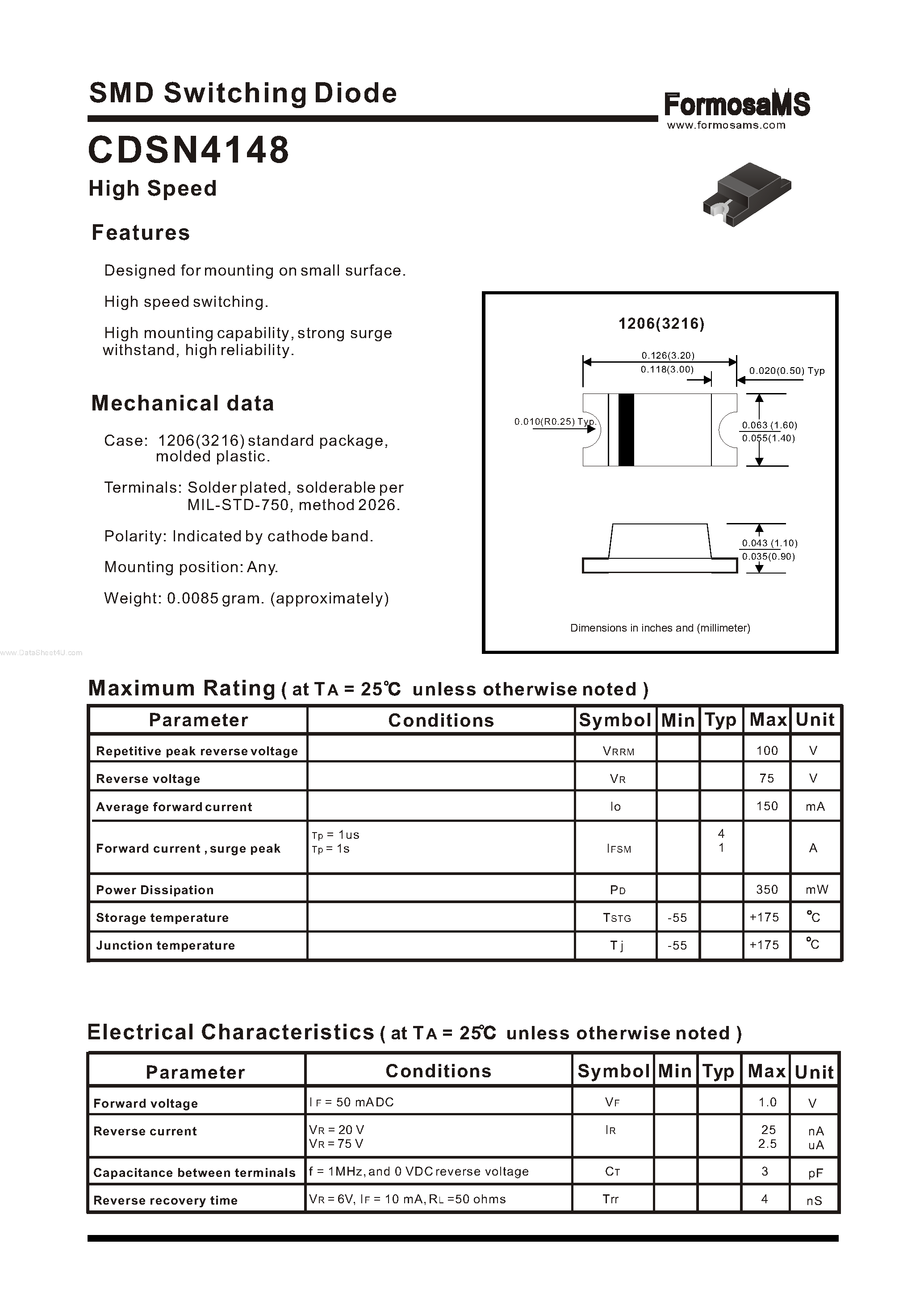 Даташит на микросхему CDSN4148 страница 1 Даташит CDSN4148 - SMD Switching Diode страница 1