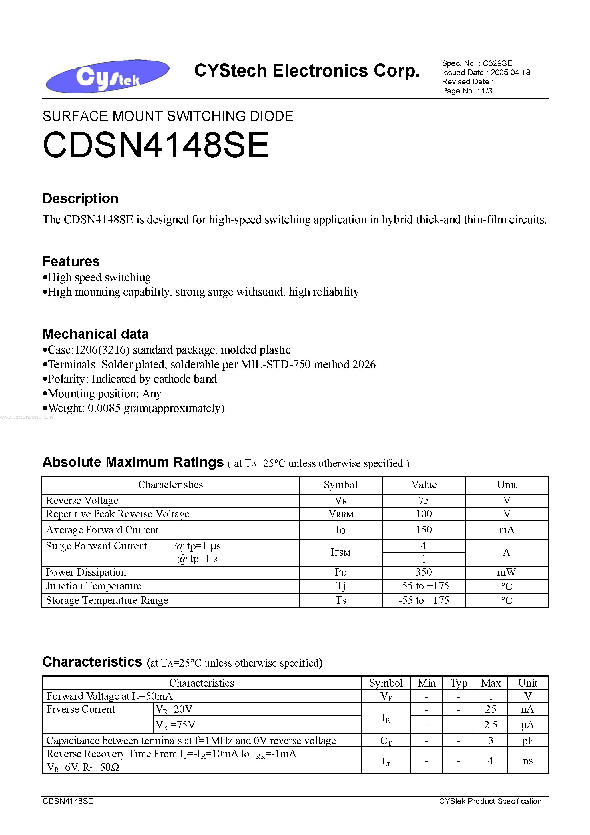 Даташит на микросхему CDSN4148SE страница 1 Даташит CDSN4148SE - SURFACE MOUNT SWITCHING DIODE страница 1
