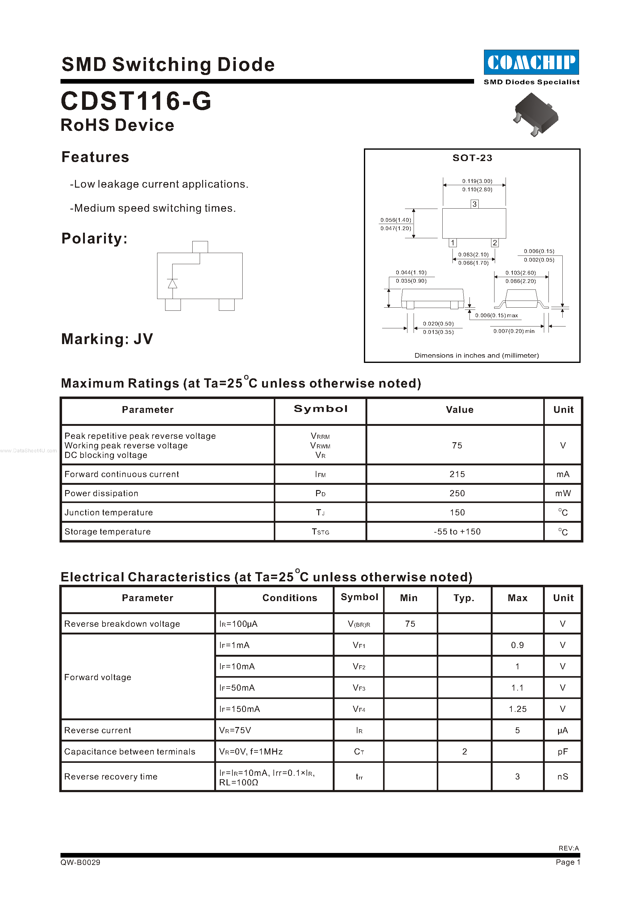 Даташит CDST116-G - SMD Switching Diode страница 1