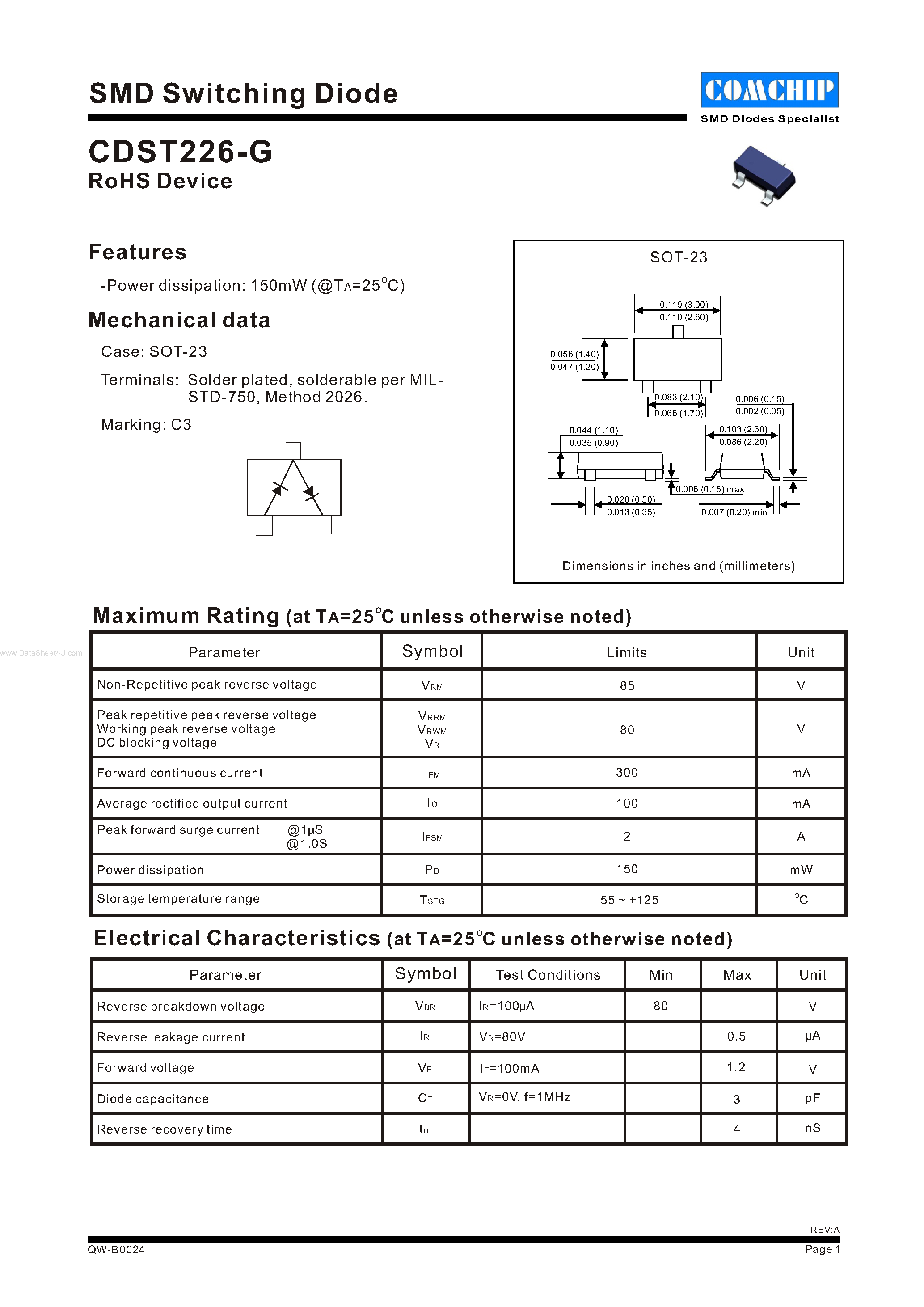 Даташит CDST226-G - SMD Switching Diode страница 1