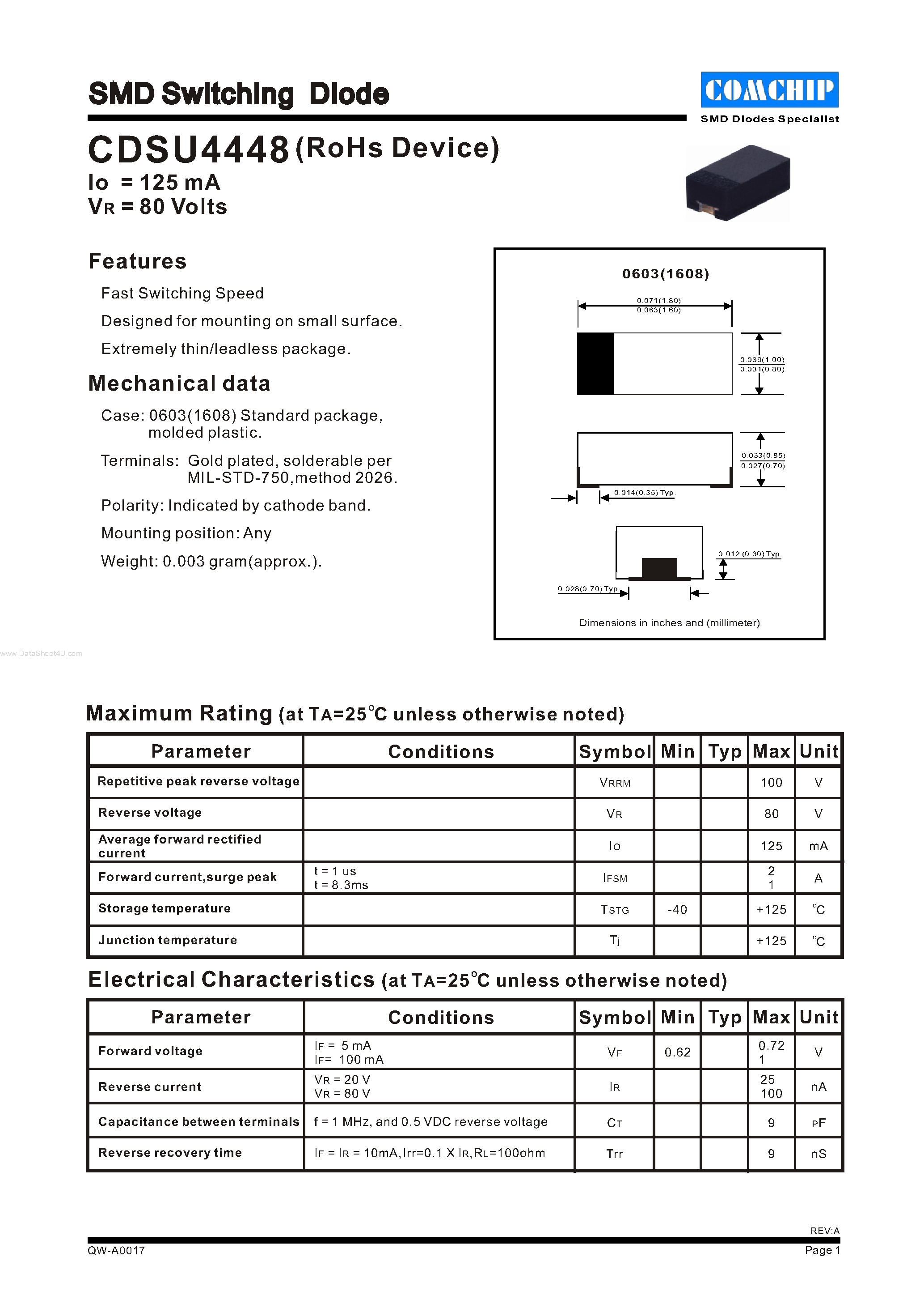 Даташит на микросхему CDSU4448 страница 1 Даташит CDSU4448 - SMD Switching Diode страница 1