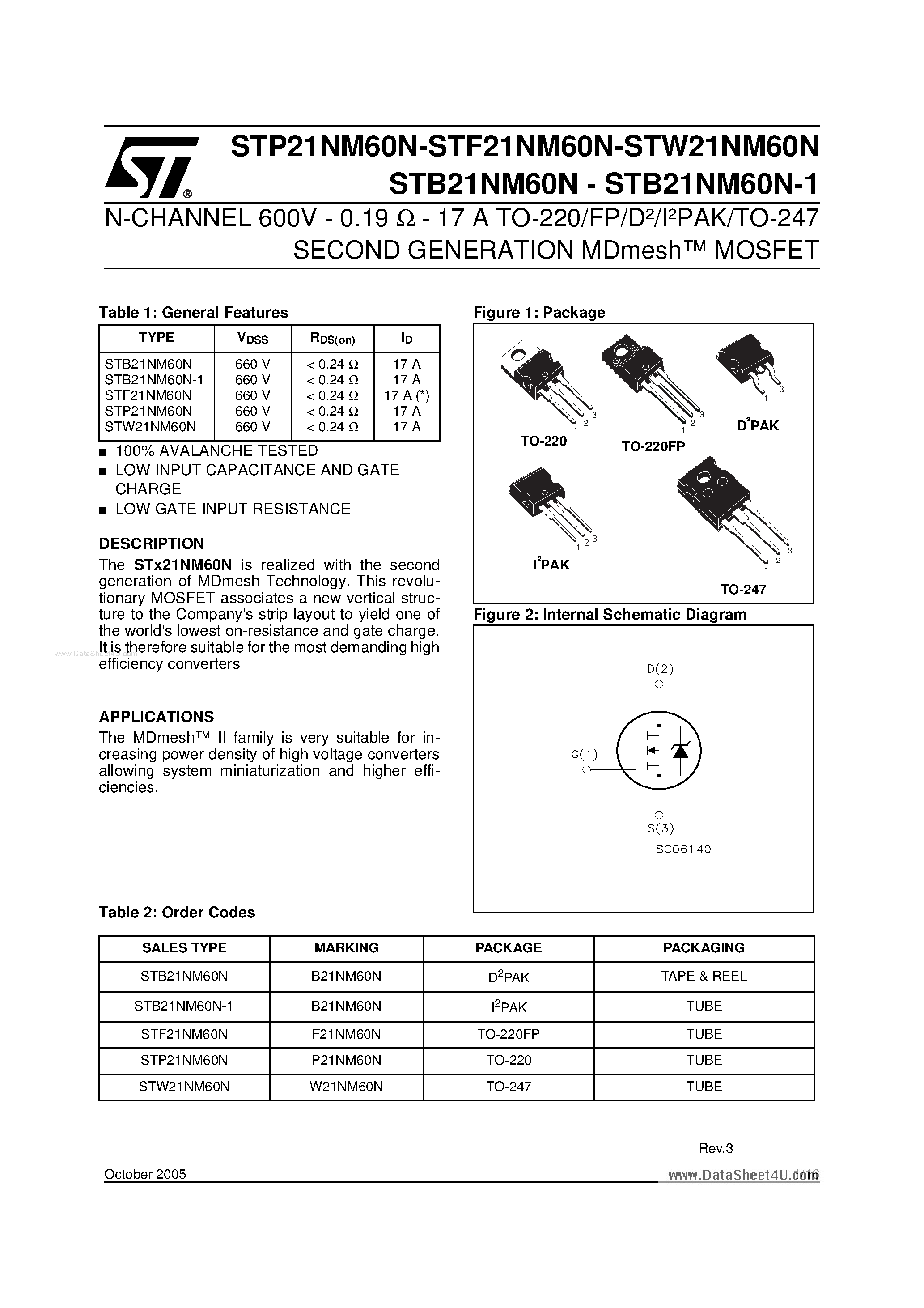 Datasheet STW21NM60N - N-CHANNEL MOSFET page 1