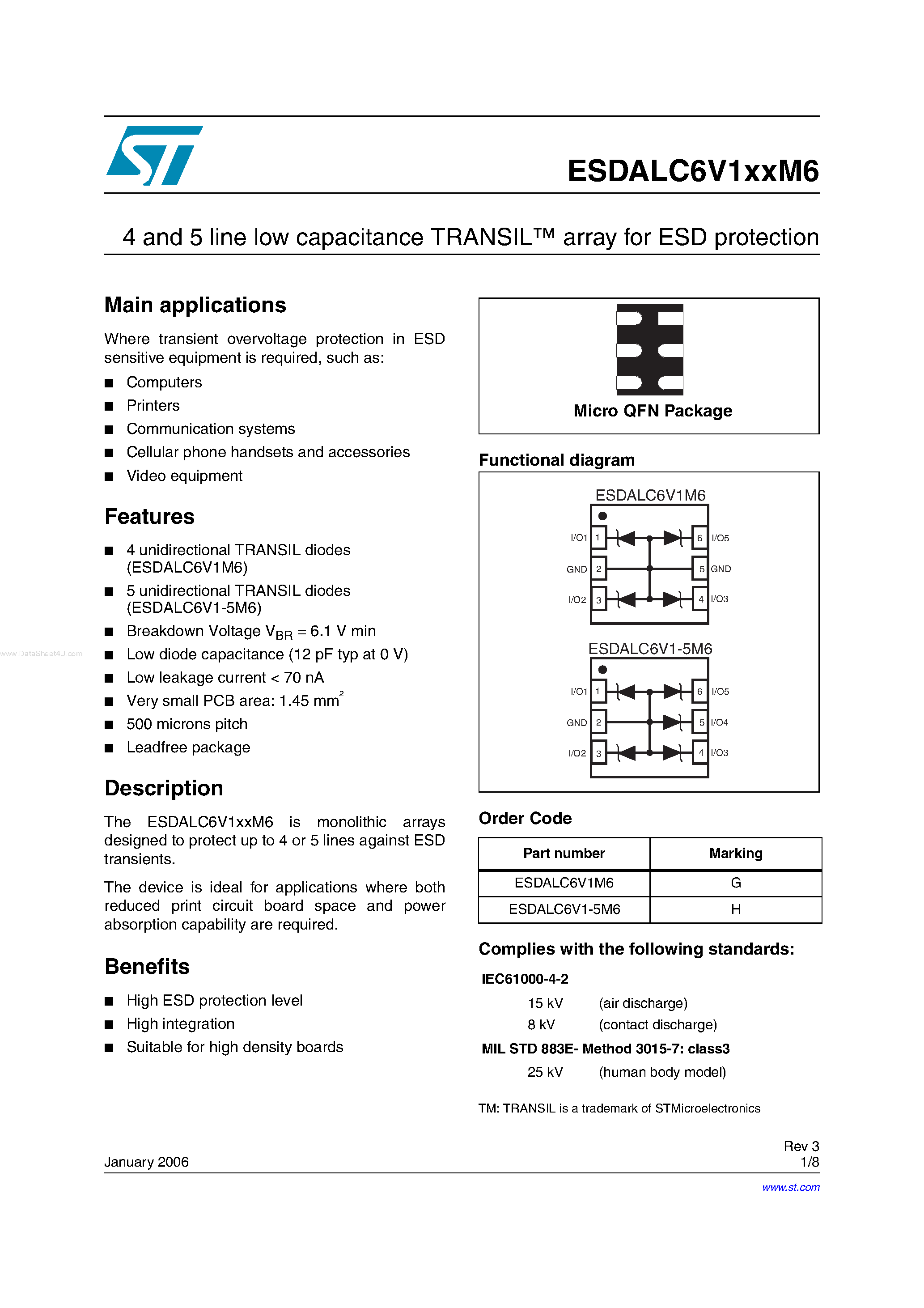 Даташит ESDALC6V1-5M6 - (ESDALC6V1xxM6) 4 and 5 line low capacitance TRANSIL array страница 1