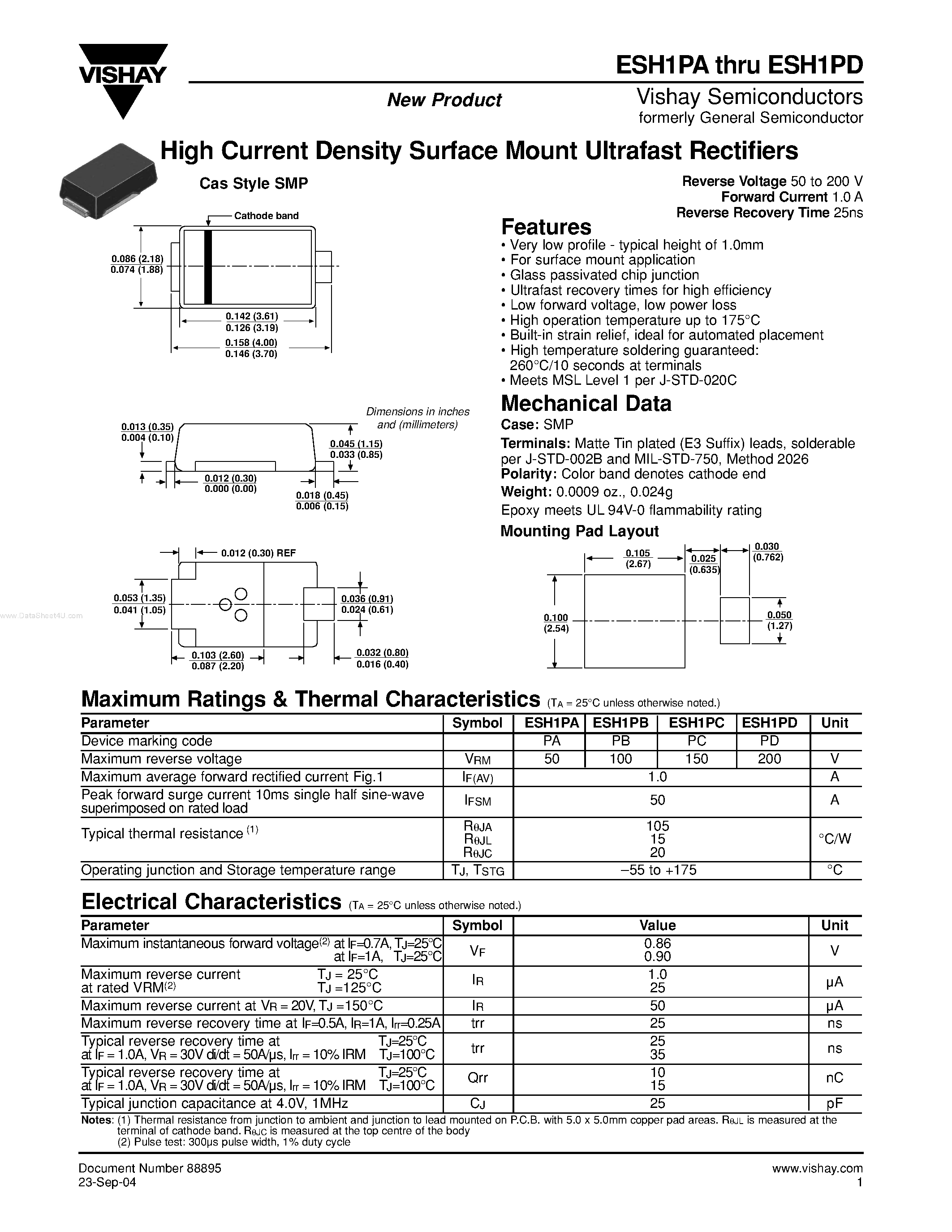 Datasheet ESH1PA page 1 Datasheet ESH1PA - High Current Density Surface Mount Ultrafast Rectifiers page 1