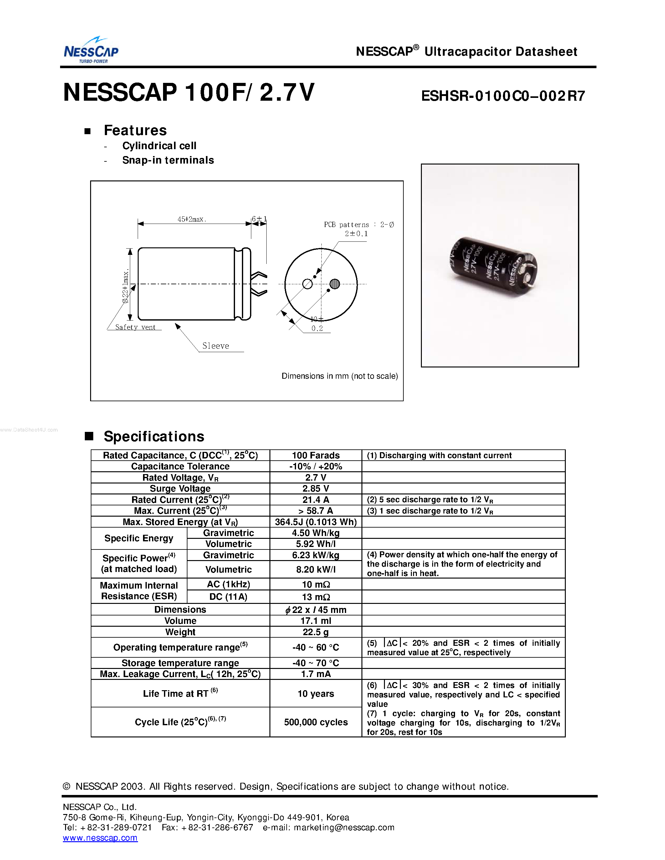 Даташит на микросхему ESHSR-0100C0-002R7 страница 1 Даташит ESHSR-0100C0-002R7 - NESSCAP 100F/2.7V страница 1