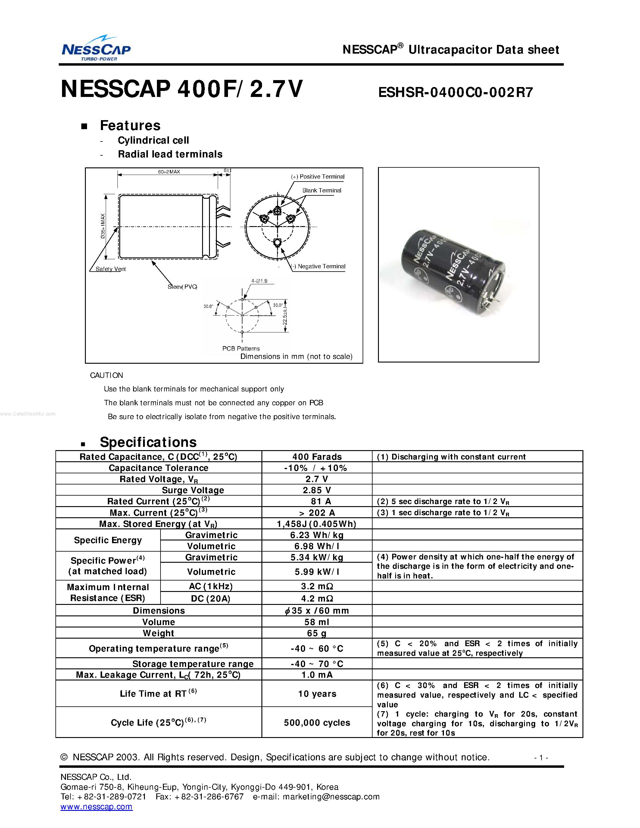 Даташит на микросхему ESHSR-0400C0-002R7 страница 1 Даташит ESHSR-0400C0-002R7 - NESSCAP 400F/2.7V страница 1