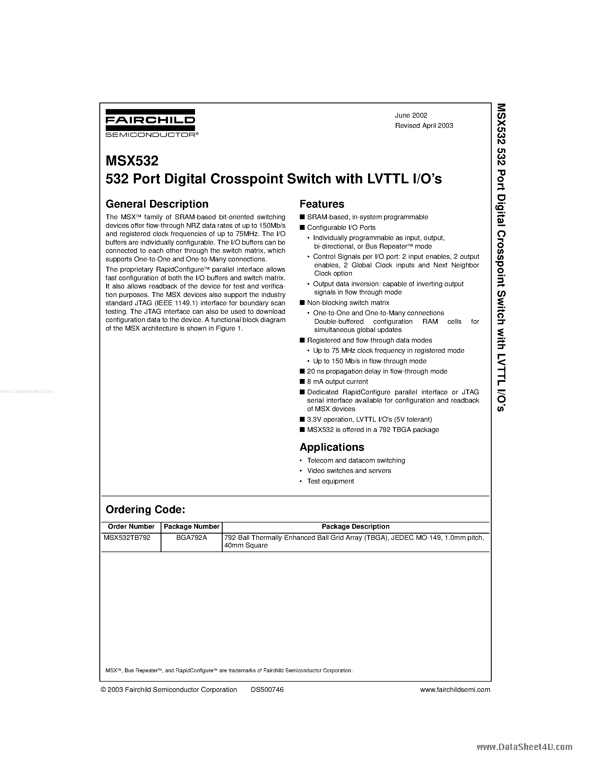 Datasheet MSX532 page 1 Datasheet MSX532 - 532 Port Digital Crosspoint Switch page 1