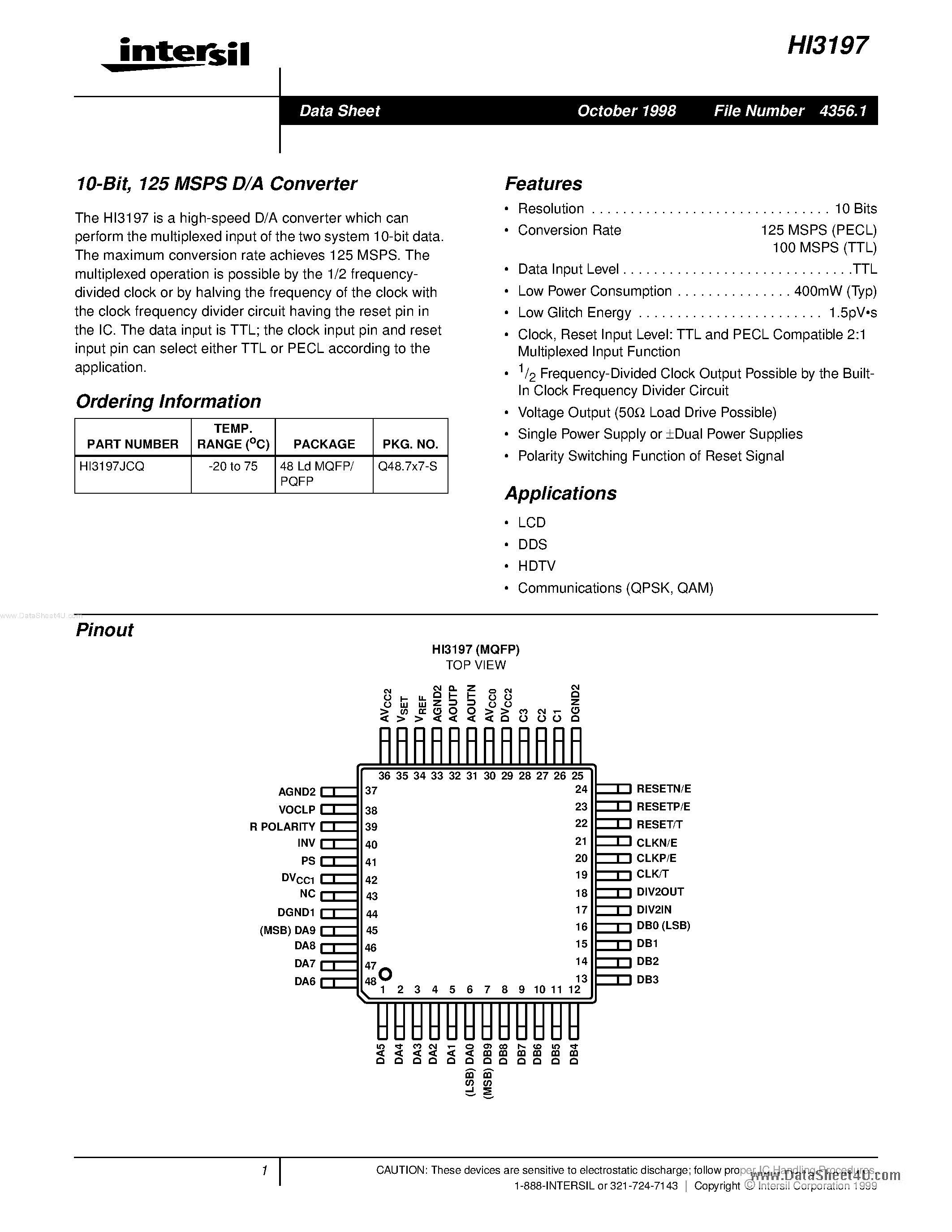 Даташит HI3197 - 125 MSPS D/A Converter страница 1
