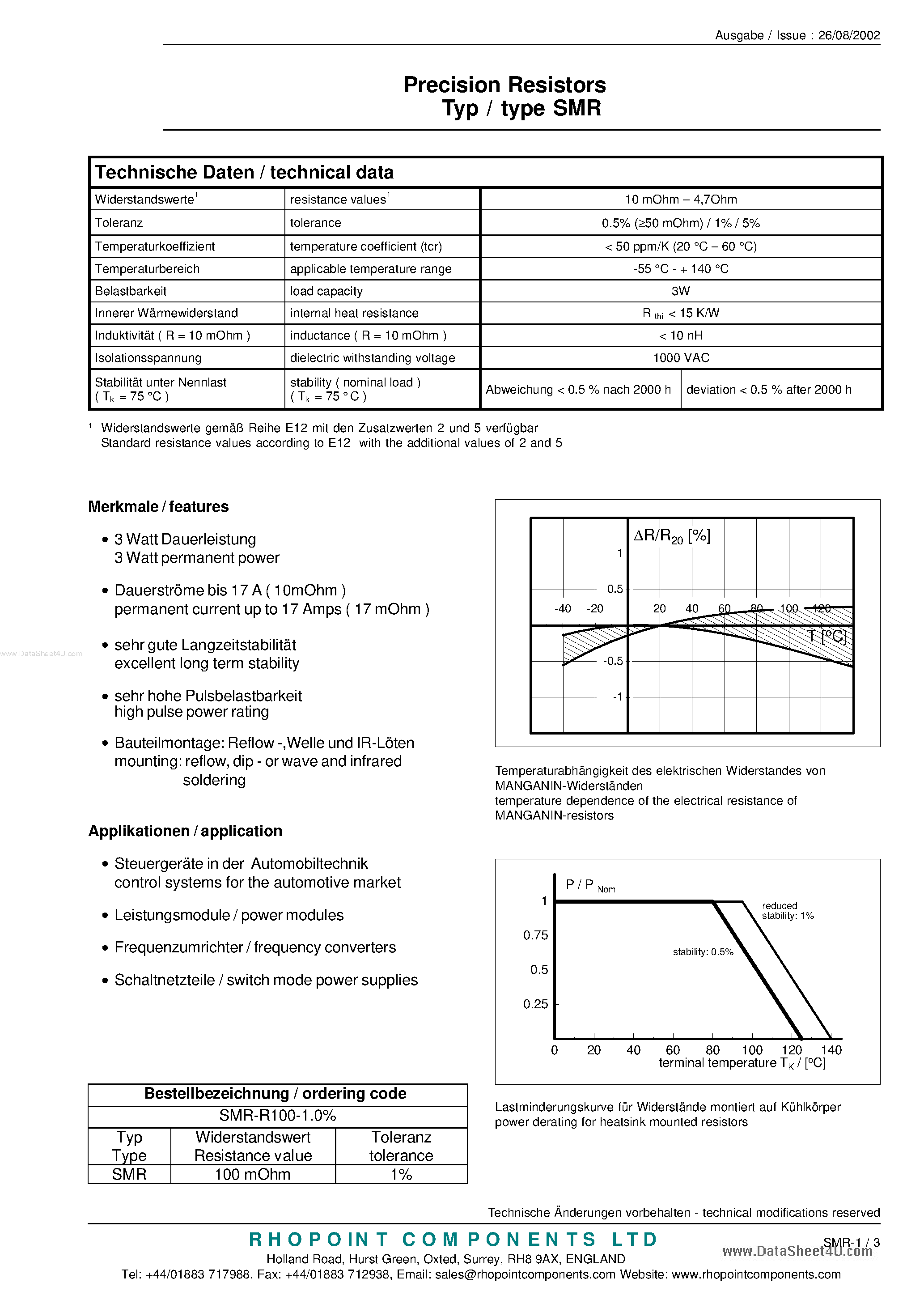 Даташит на микросхему SMR-R100 страница 1 Даташит SMR-R100 - Precision Resistors страница 1