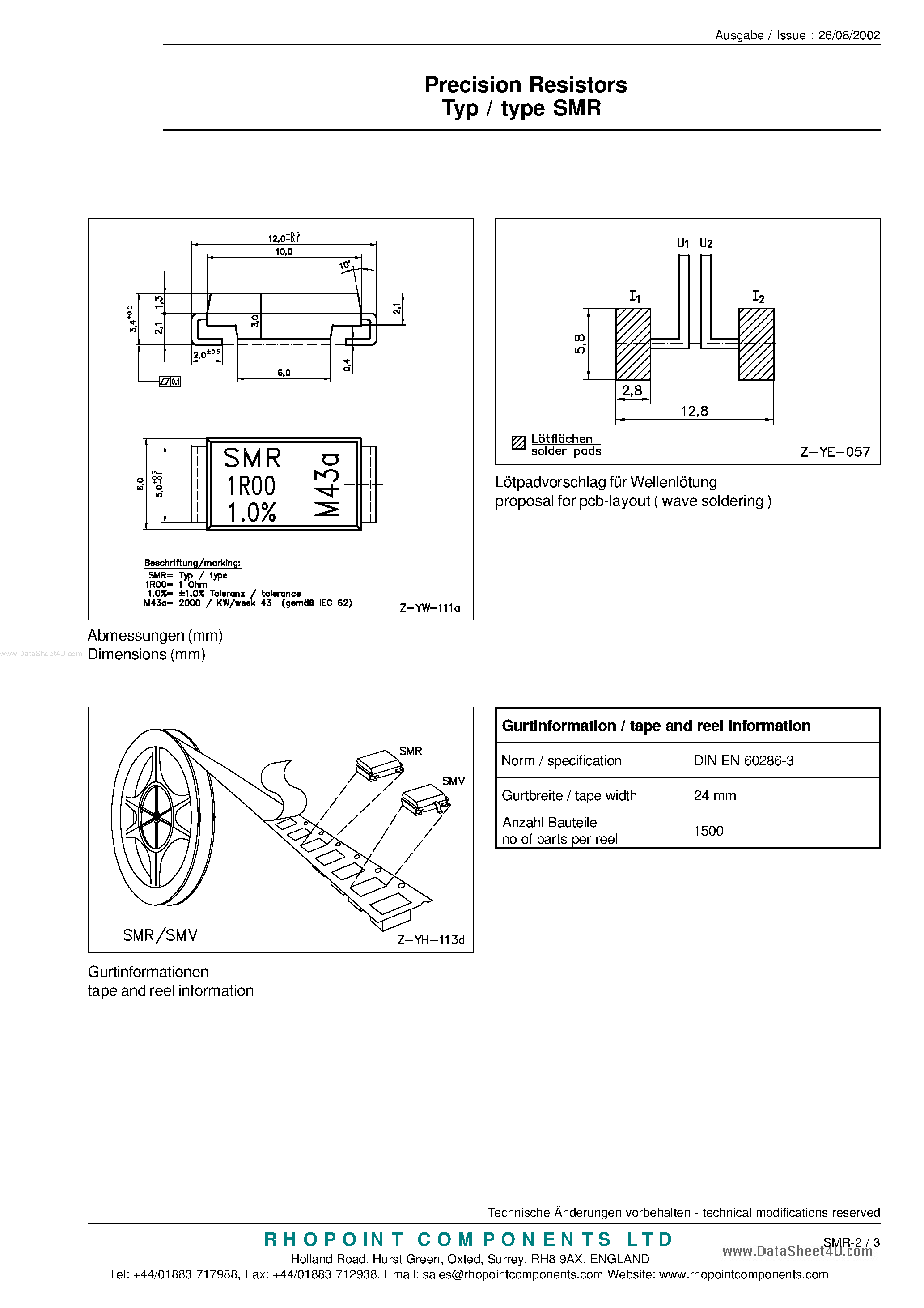 Даташит на микросхему SMR-R100 страница 2 Даташит SMR-R100 - Precision Resistors страница 2