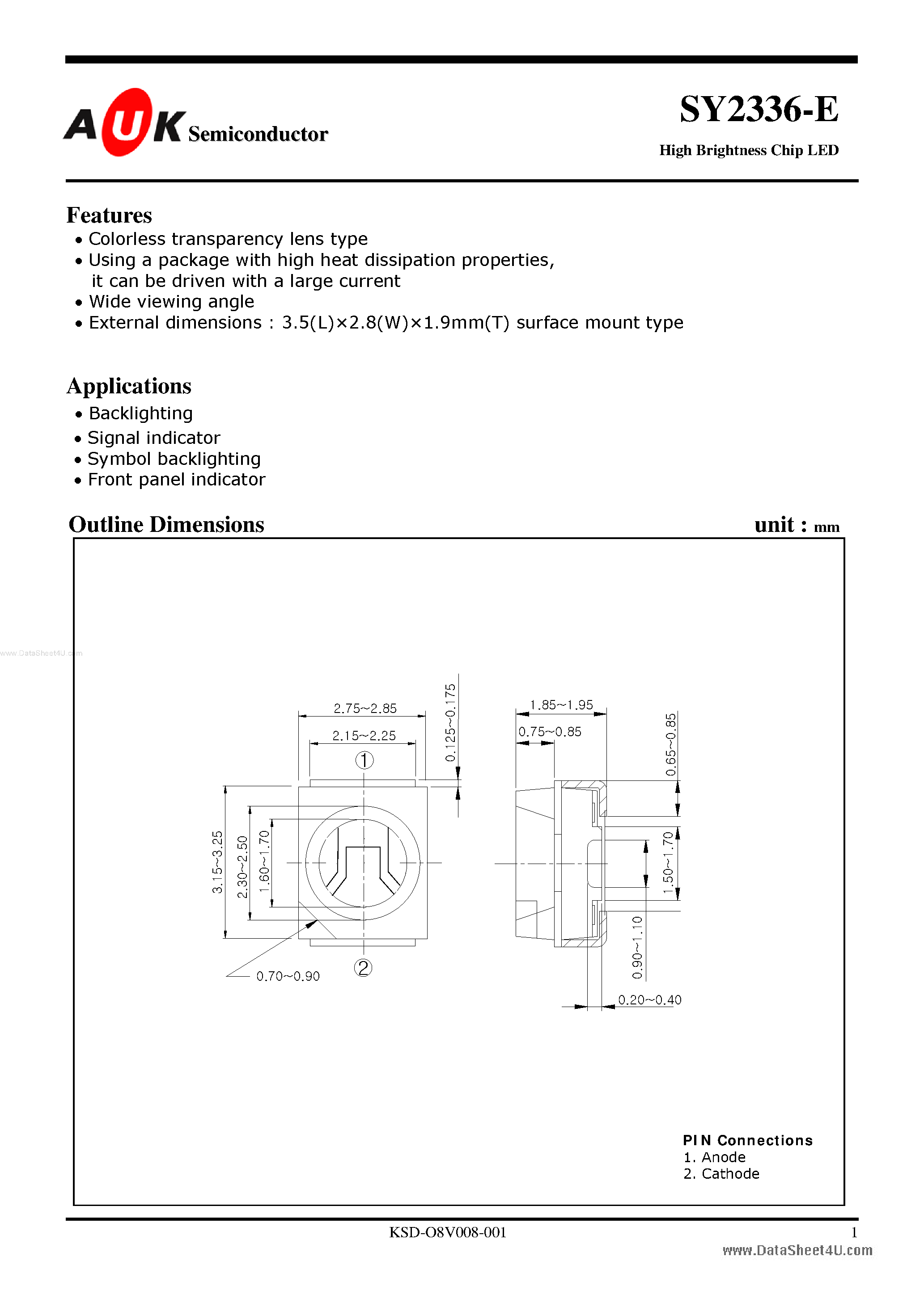 Даташит на микросхему SY2336-E страница 1 Даташит SY2336-E - High Brightness Chip LED страница 1
