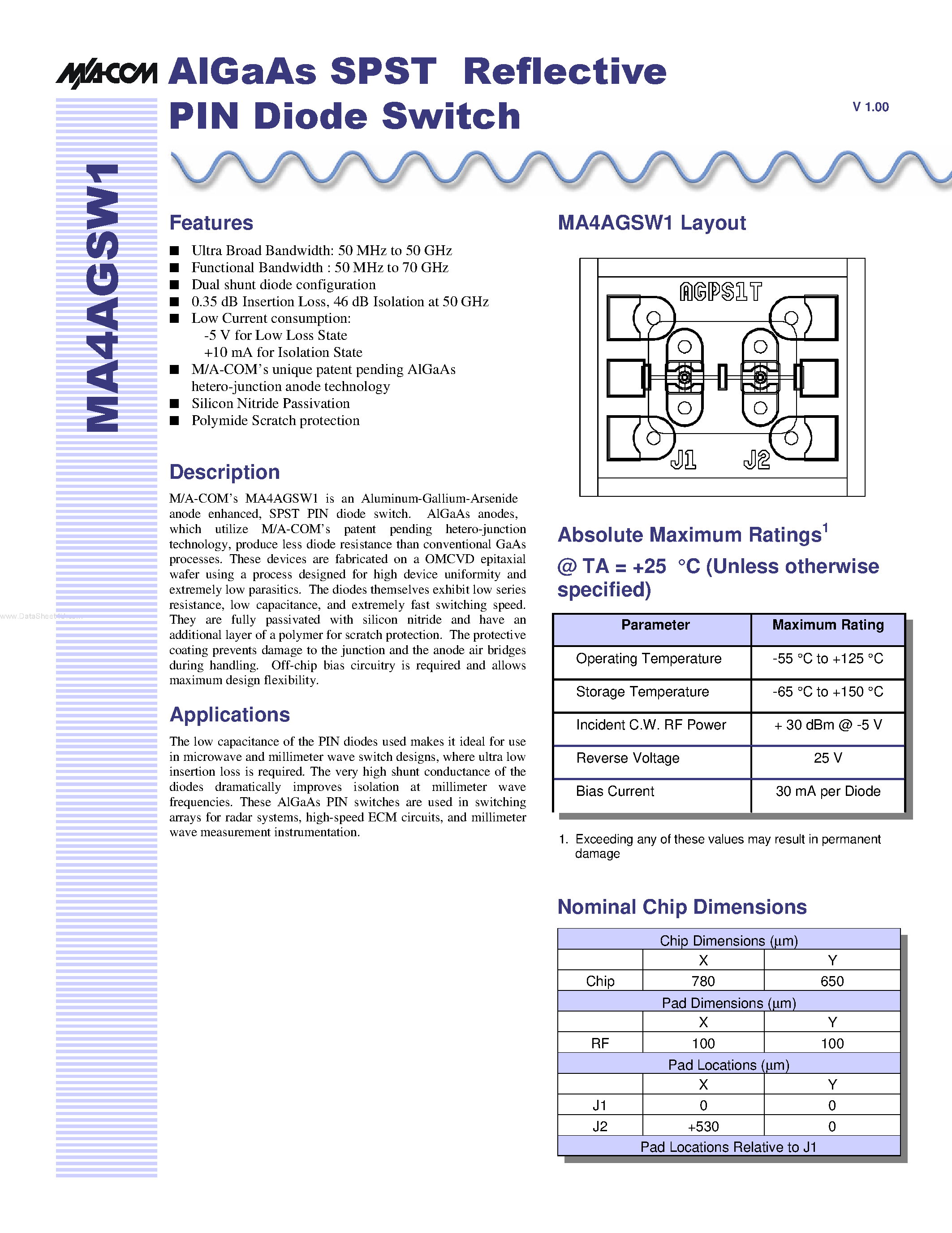 Datasheet MA4AGSW1 page 1 Datasheet MA4AGSW1 - AlGaAs SPST Reflective PIN Diode Switch page 1