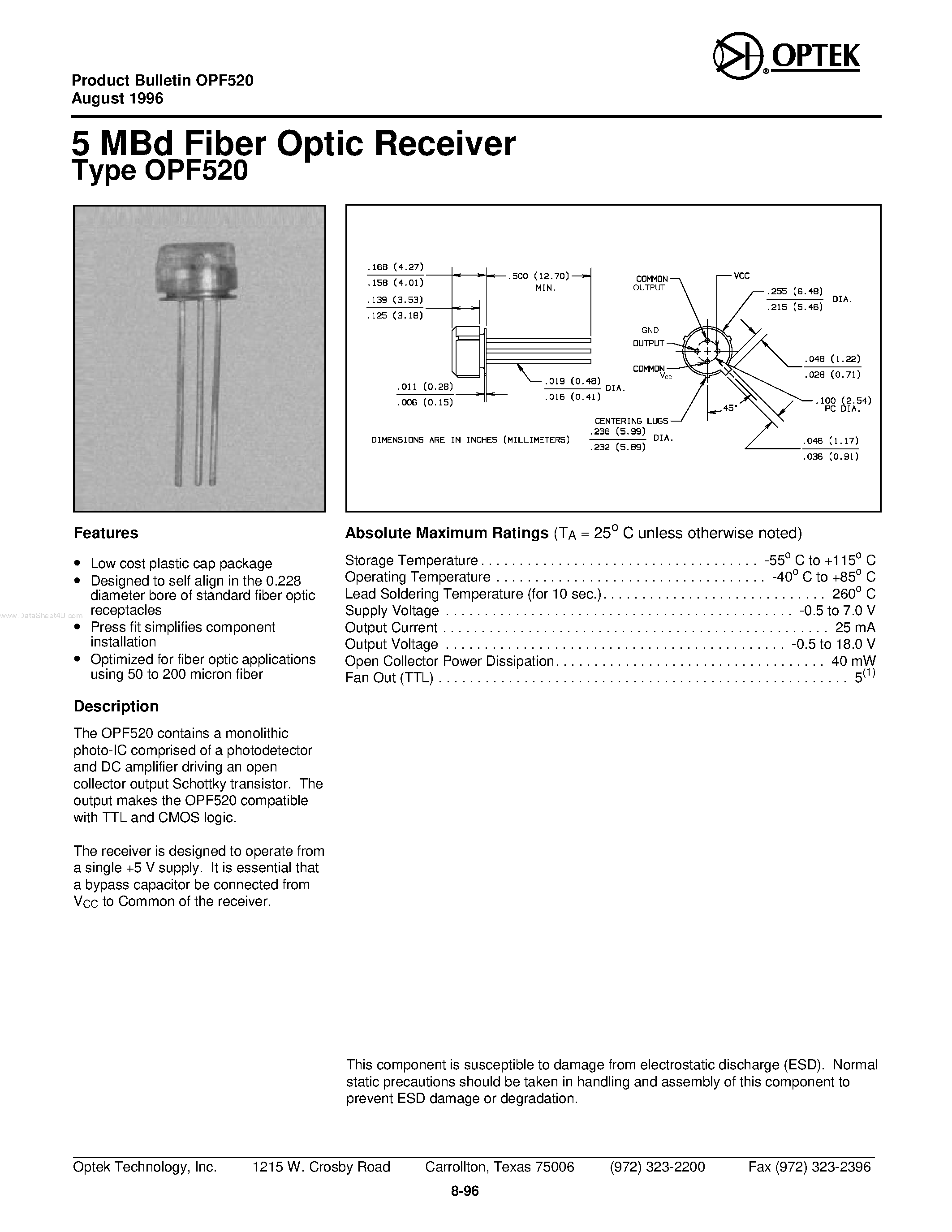 Datasheet OPF520 - 5 MBd Fiber Optic Receiver page 1