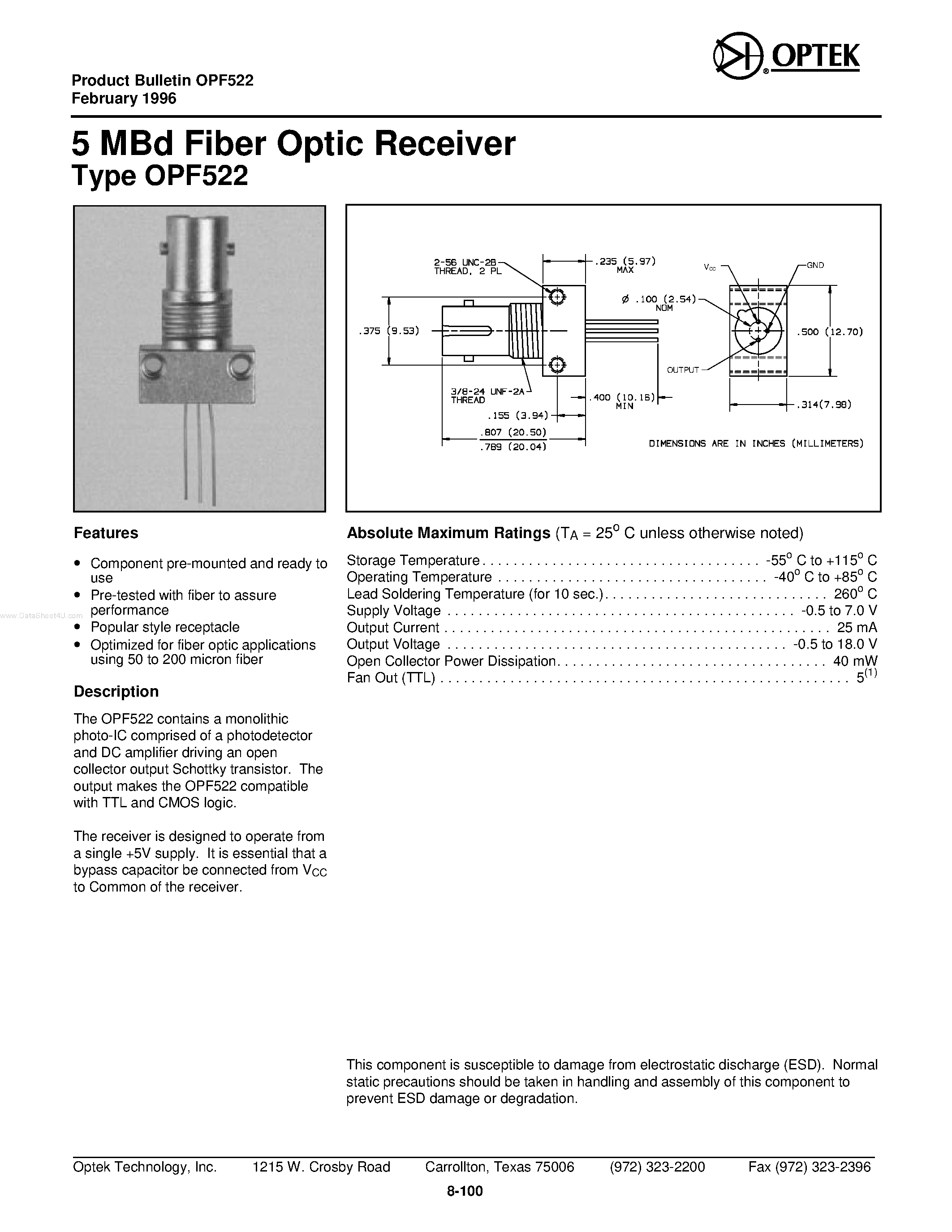 Datasheet OPF522 - 5 MBd Fi ber Op tic Re ceiver page 1
