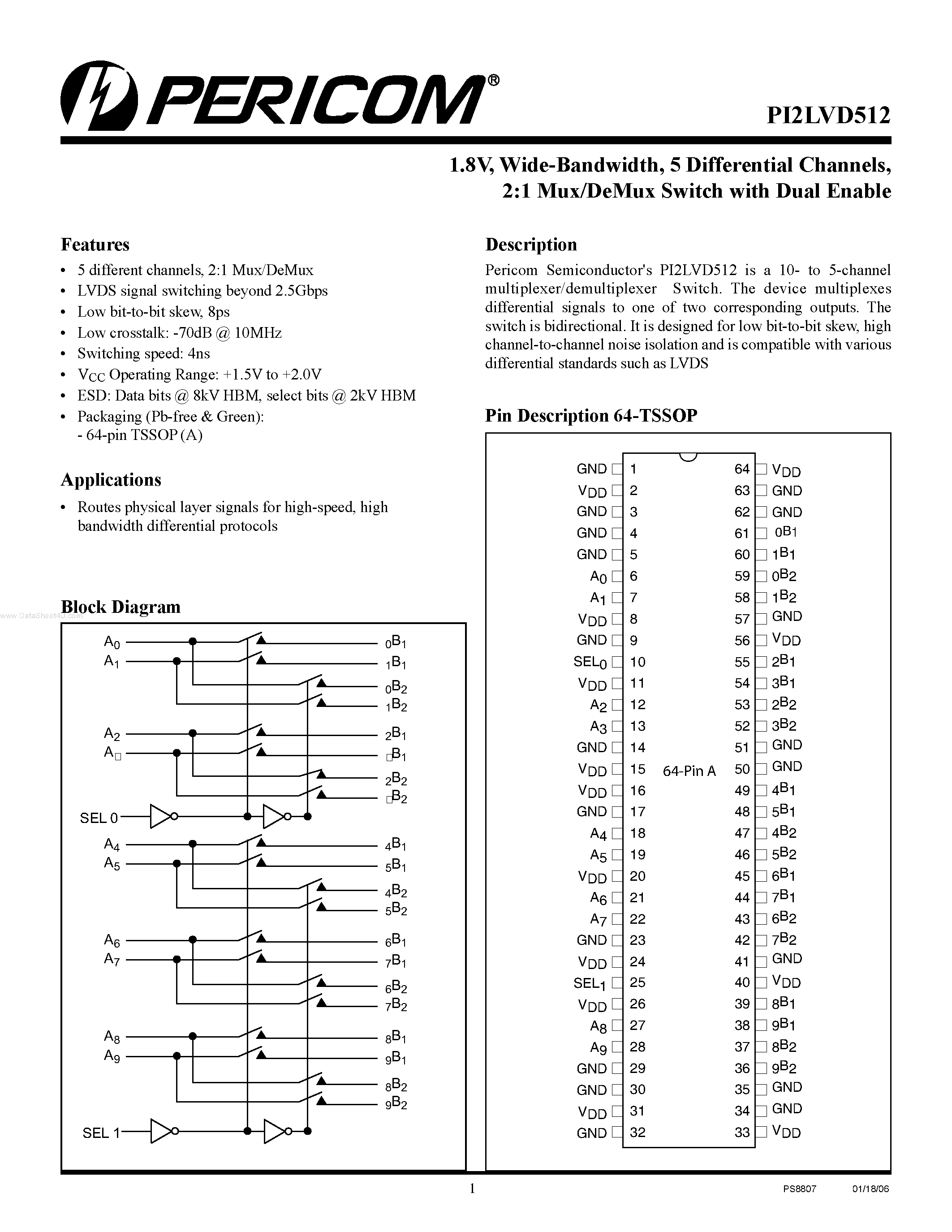 Datasheet PI2LVD512 - 2:1 Mux/DeMux Switch page 1