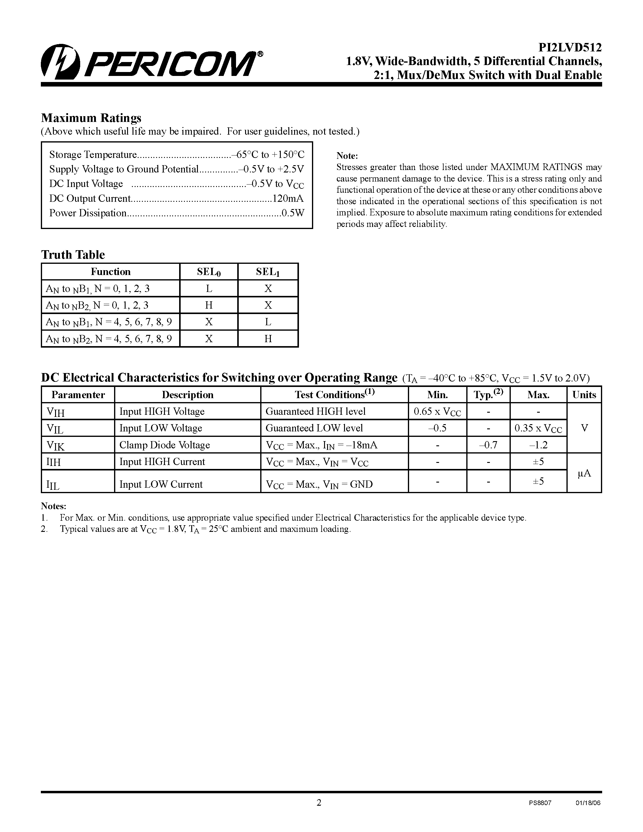 Datasheet PI2LVD512 - 2:1 Mux/DeMux Switch page 2
