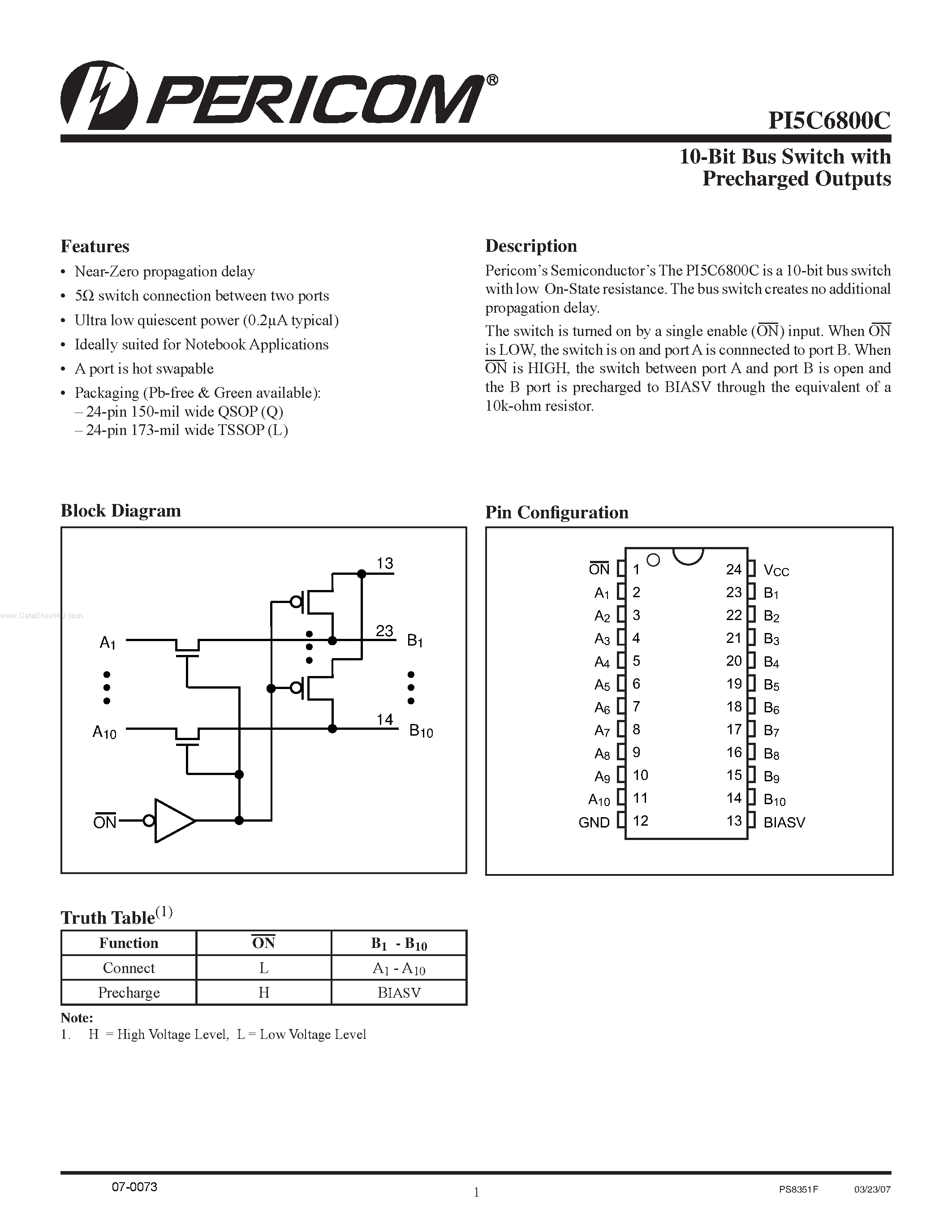 Datasheet PI5C6800C page 1 Datasheet PI5C6800C - 10-Bit Bus Switch page 1