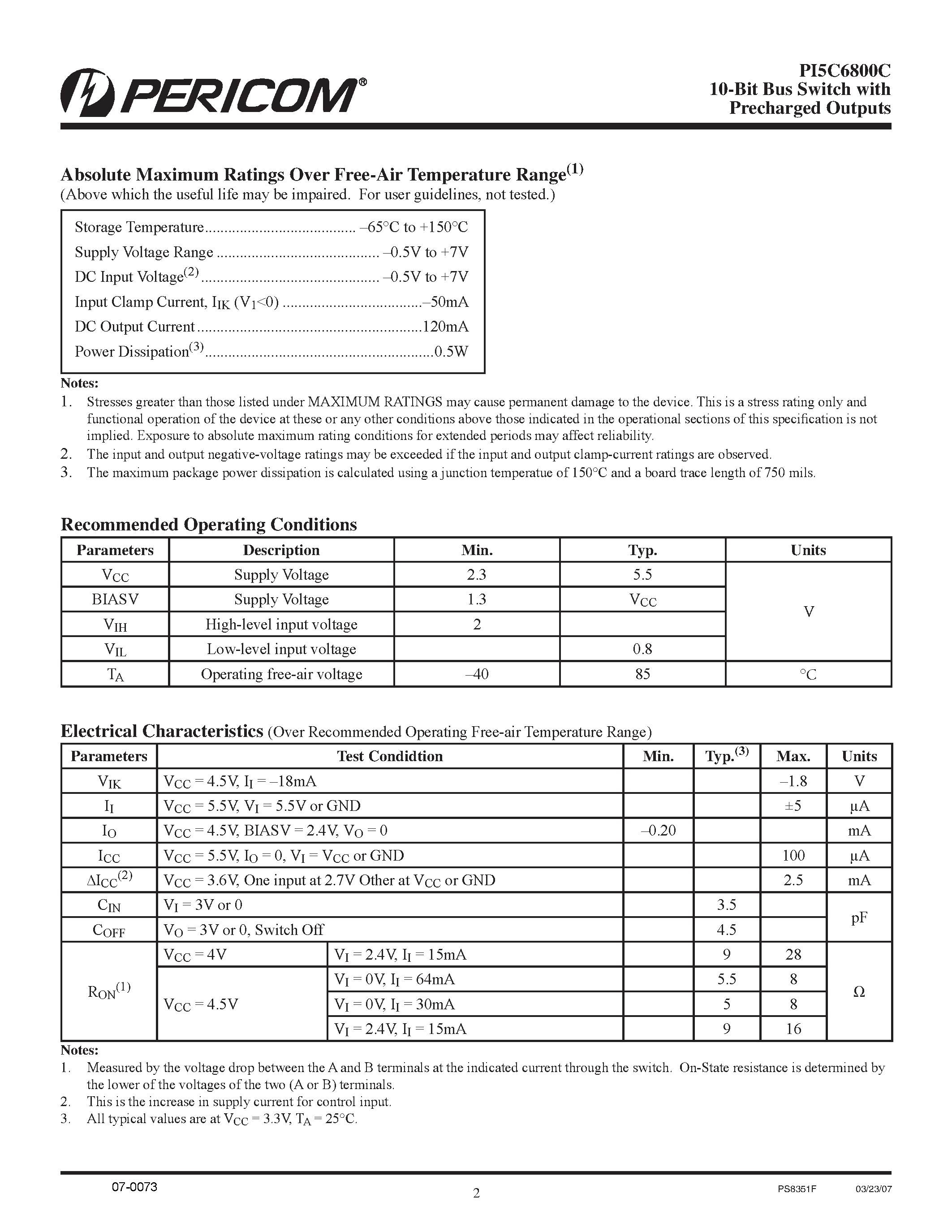 Datasheet PI5C6800C page 2 Datasheet PI5C6800C - 10-Bit Bus Switch page 2