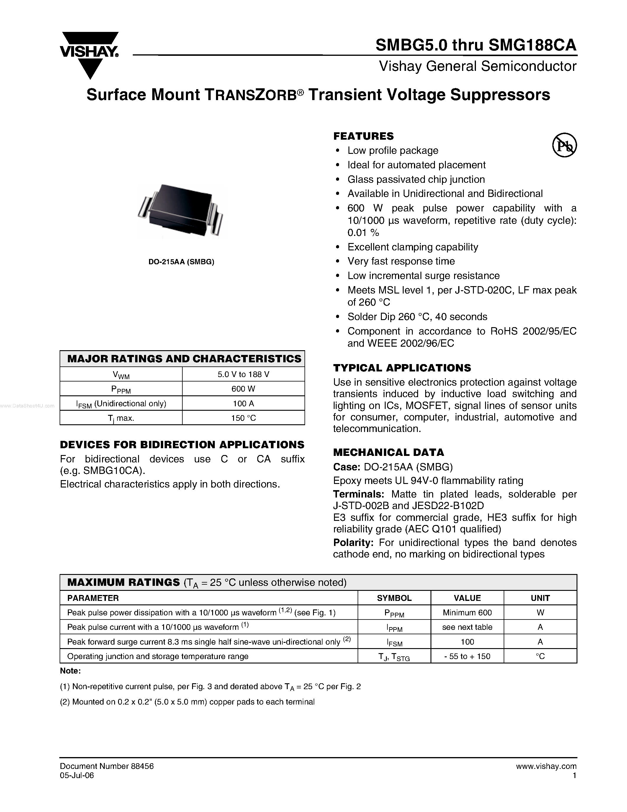 Datasheet SMBGxxx - Surface Mount page 1